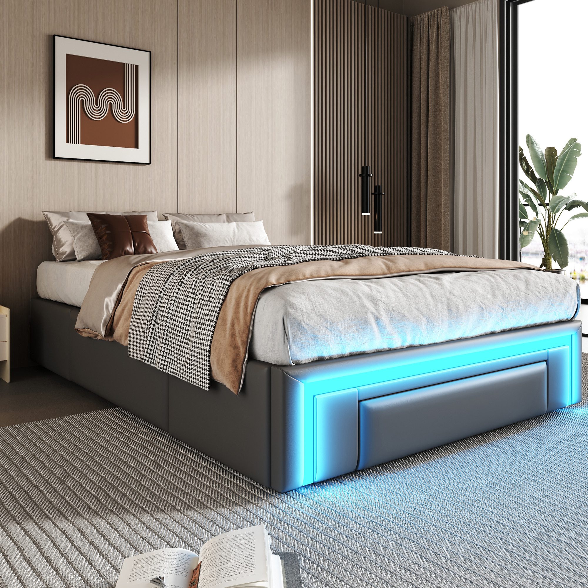 Merax Polsterbett (1-tlg), Plattformbett Einzelbett 90x200cm mit LED & 3 Sc günstig online kaufen