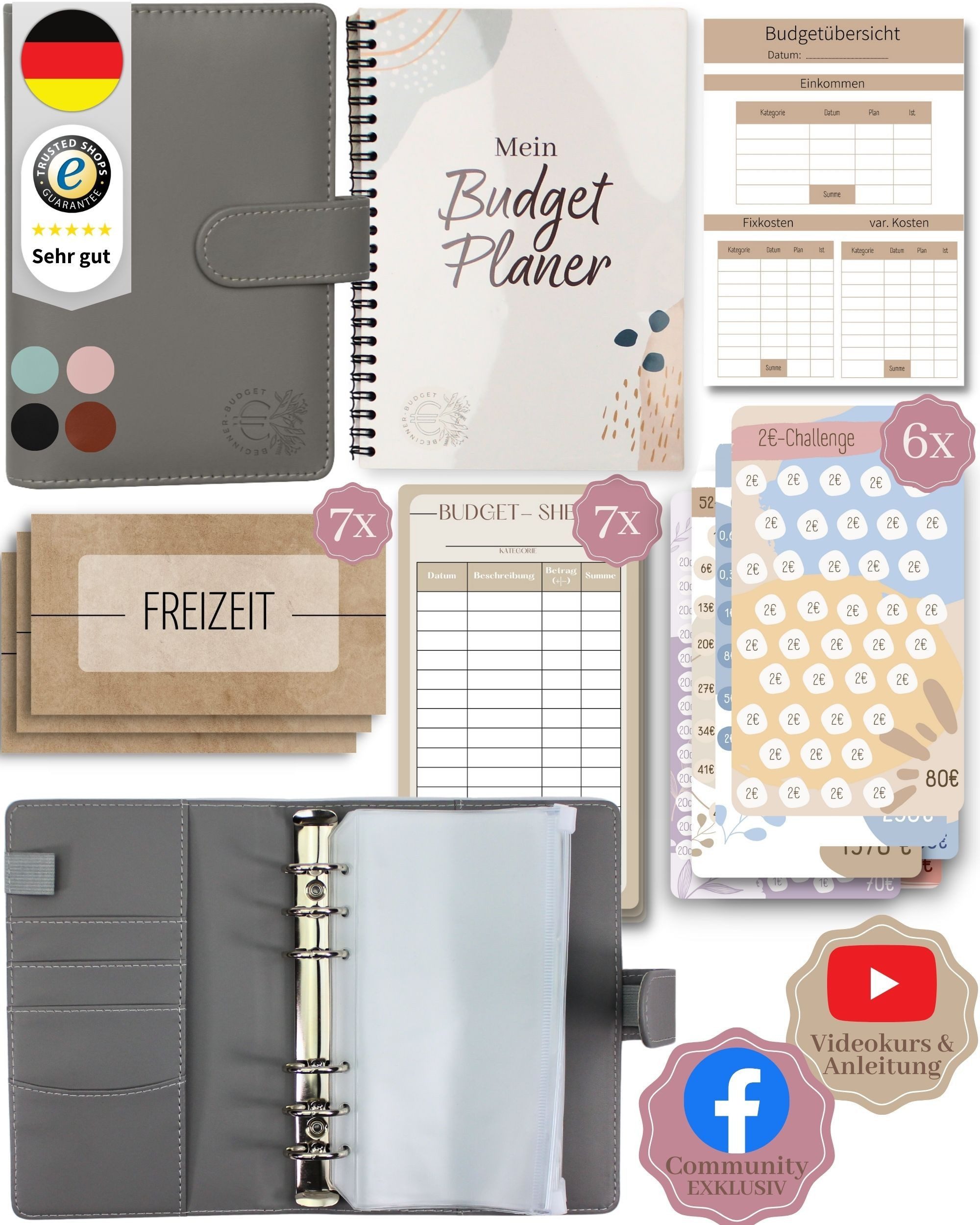 BeginnerBudget Ringbuchkalender Budget Planner & Haushaltsbuch Starter-Set: Sparbuch & Spar-Challenges, Sparen mit Umschlagmethode + Anleitung - Ringbuch - Binder A6