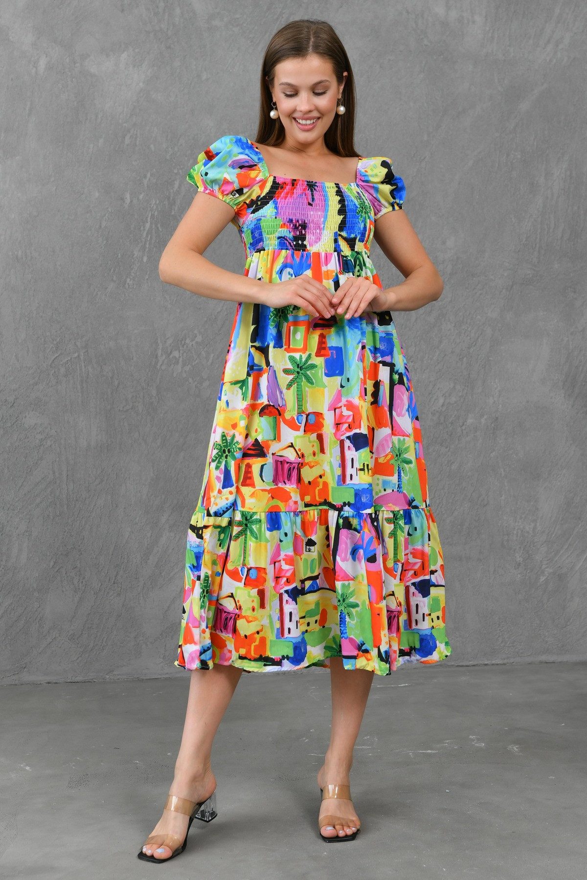 WOMAN VISION Minikleid Maxikleid aus gemustertem Stoff, mit Gipsdetails und günstig online kaufen