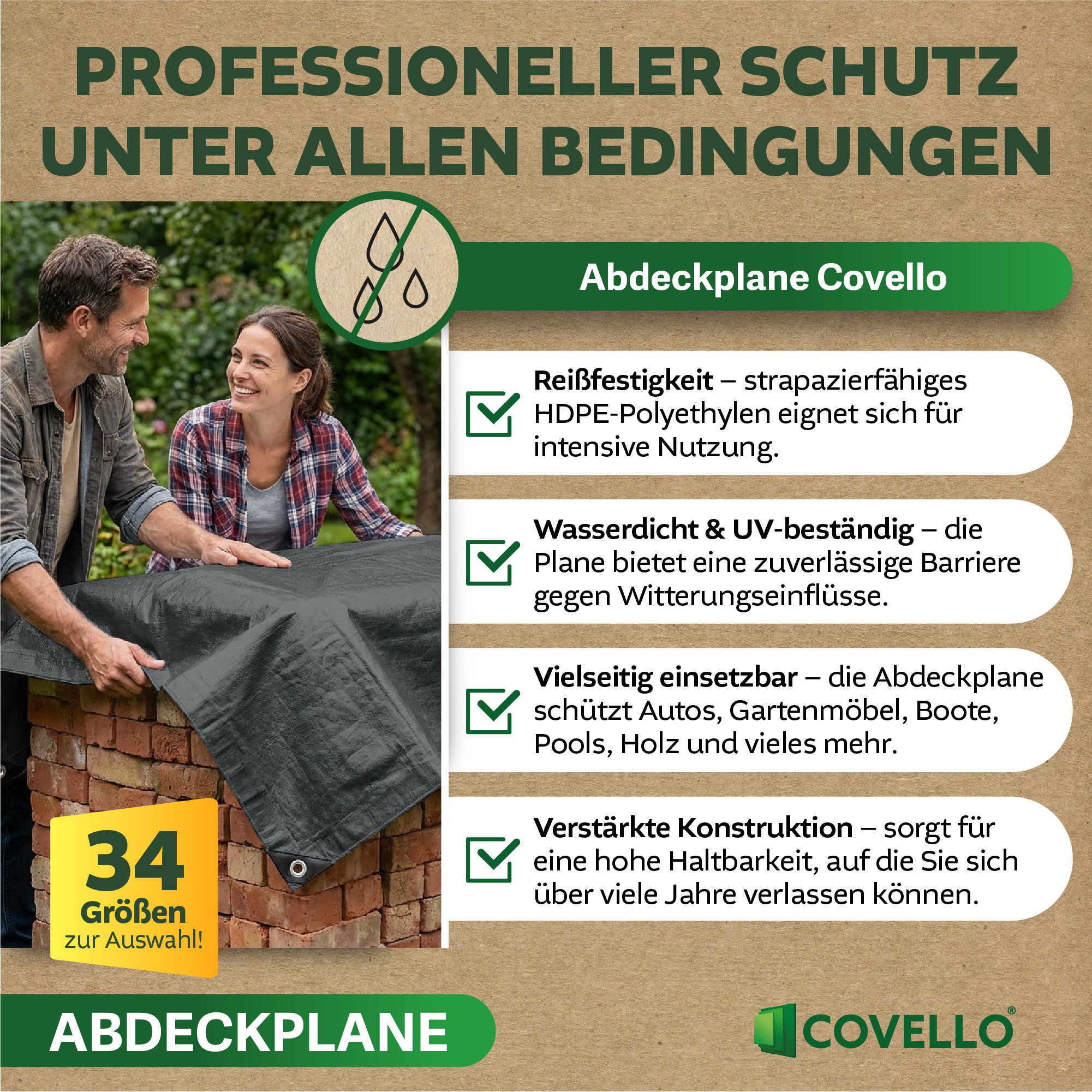 Covello Schutzplane 90g/m² grau, Abdeckplane mit Ösen wasserdicht, Plane UV-stabilisiert in vielen verschiedenen Farben & Größen