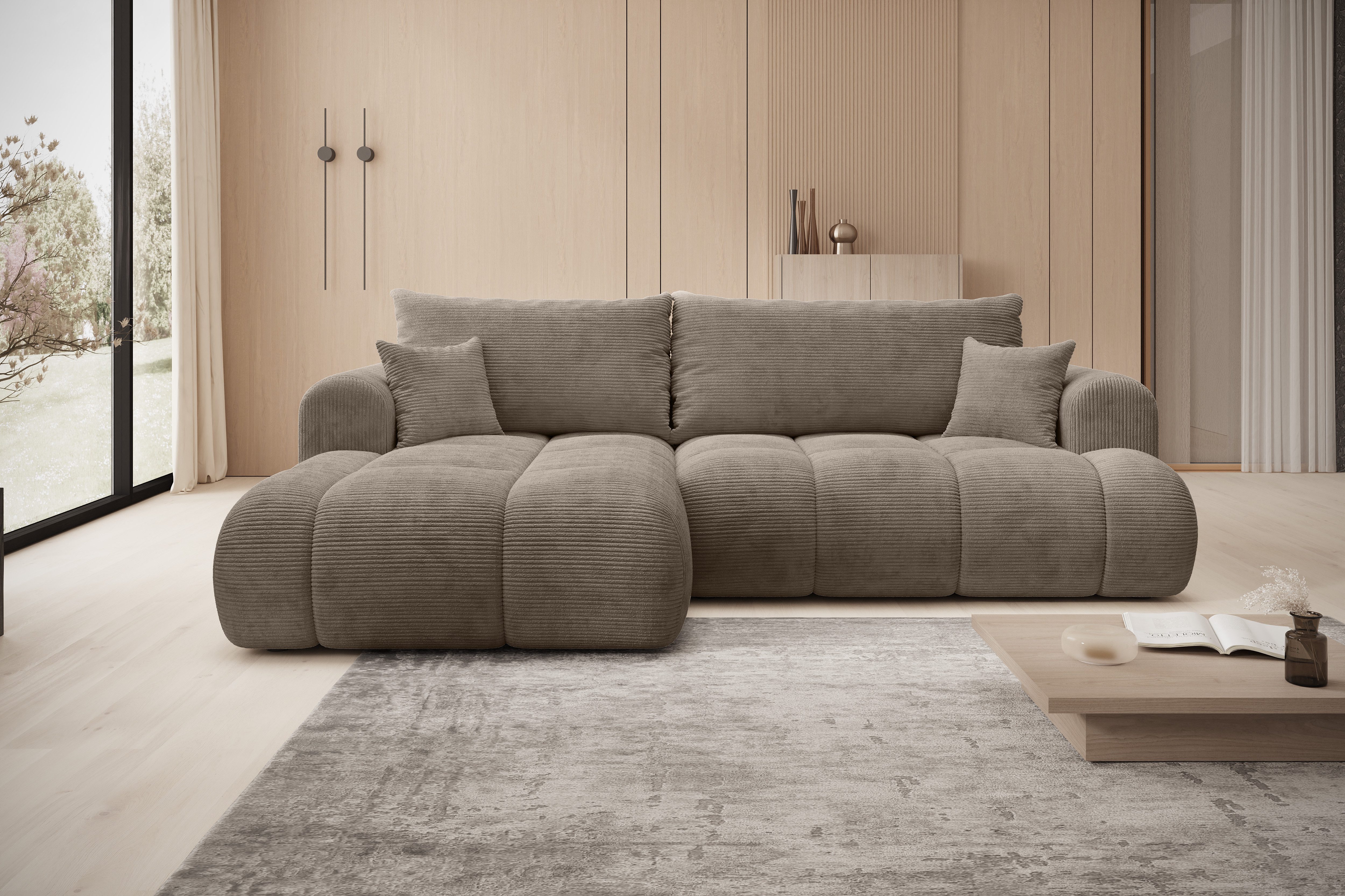 thematys Ecksofa TREVIO mit Schlaffunktion und Bettkasten, L-Form, Cord und Bouclé, 260 x 165cm - Luxus Couch mit Bettfunktion mit Bonnellfedern + 2 Kissen