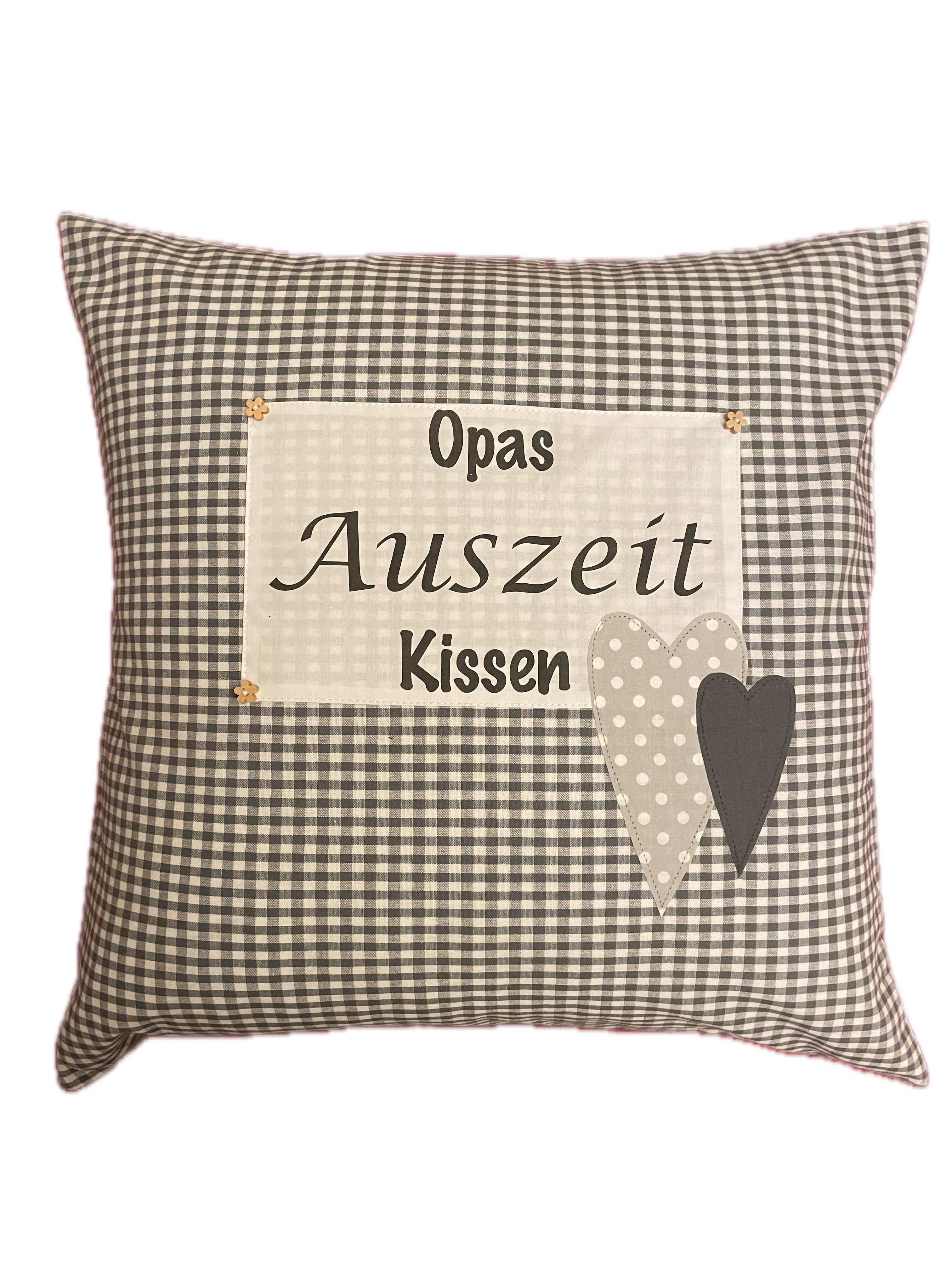Ammerkind Dekokissen Landhausstil Kissenhülle "Opas Auszeit Kissen" grau/weiß kariert, 100% Handarbeit aus Deutschland