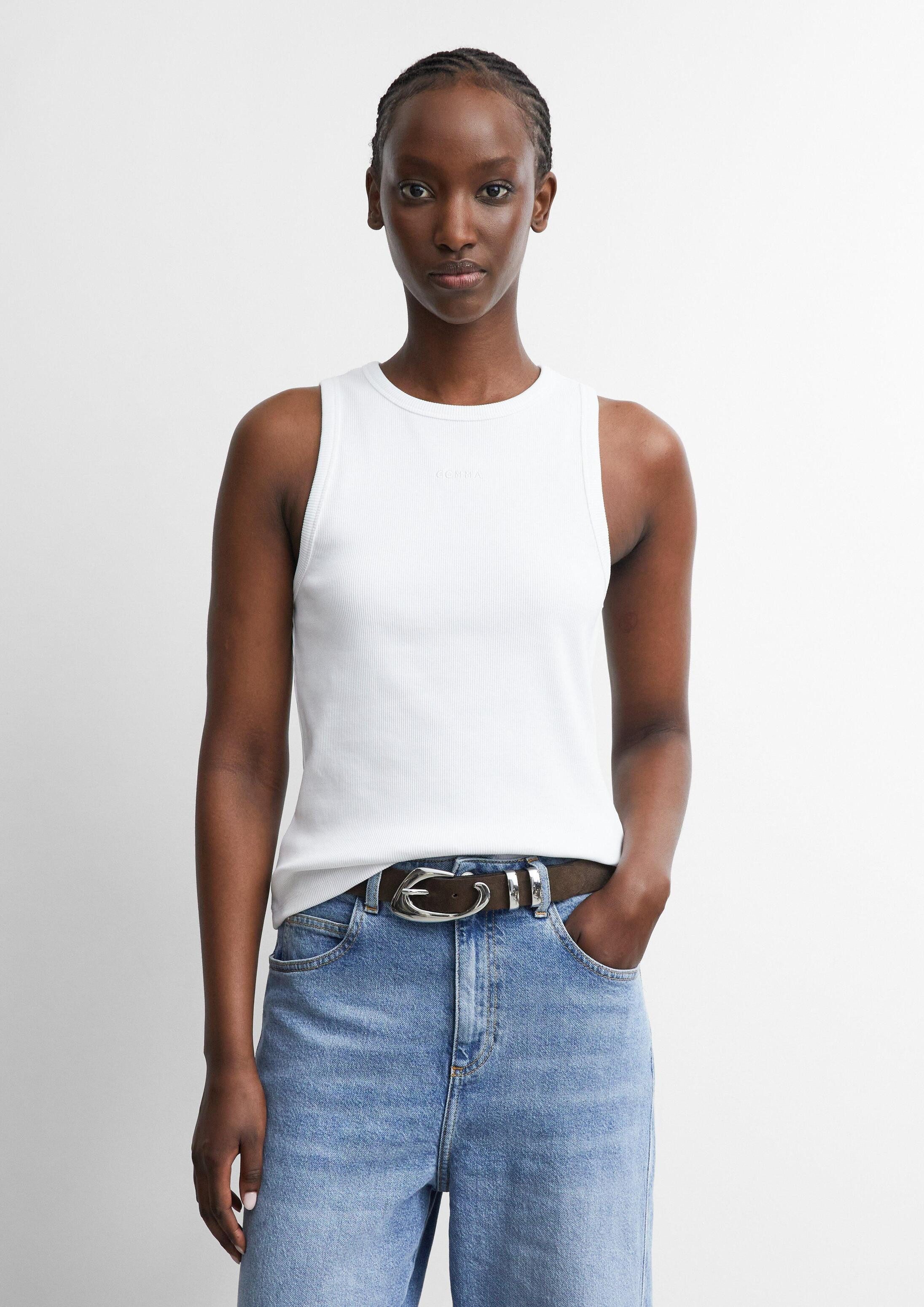 comma Muskelshirt T-Shirt Geripptes Tanktop mit Logostickerei