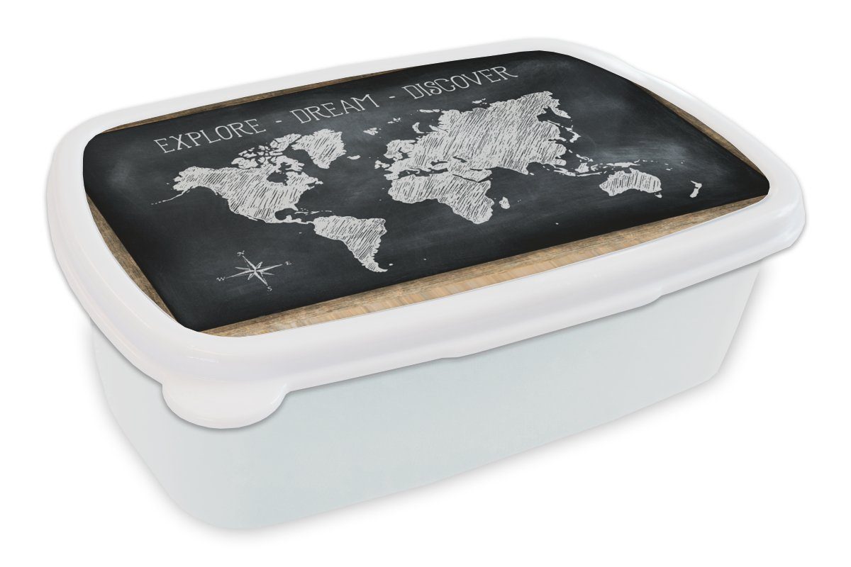 MuchoWow Lunchbox Weltkarte - Kreidetafel - Zitat, Kunststoff, (2-tlg), Brotbox für Kinder und Erwachsene, Brotdose, für Jungs und Mädchen weiß | Lunchboxen