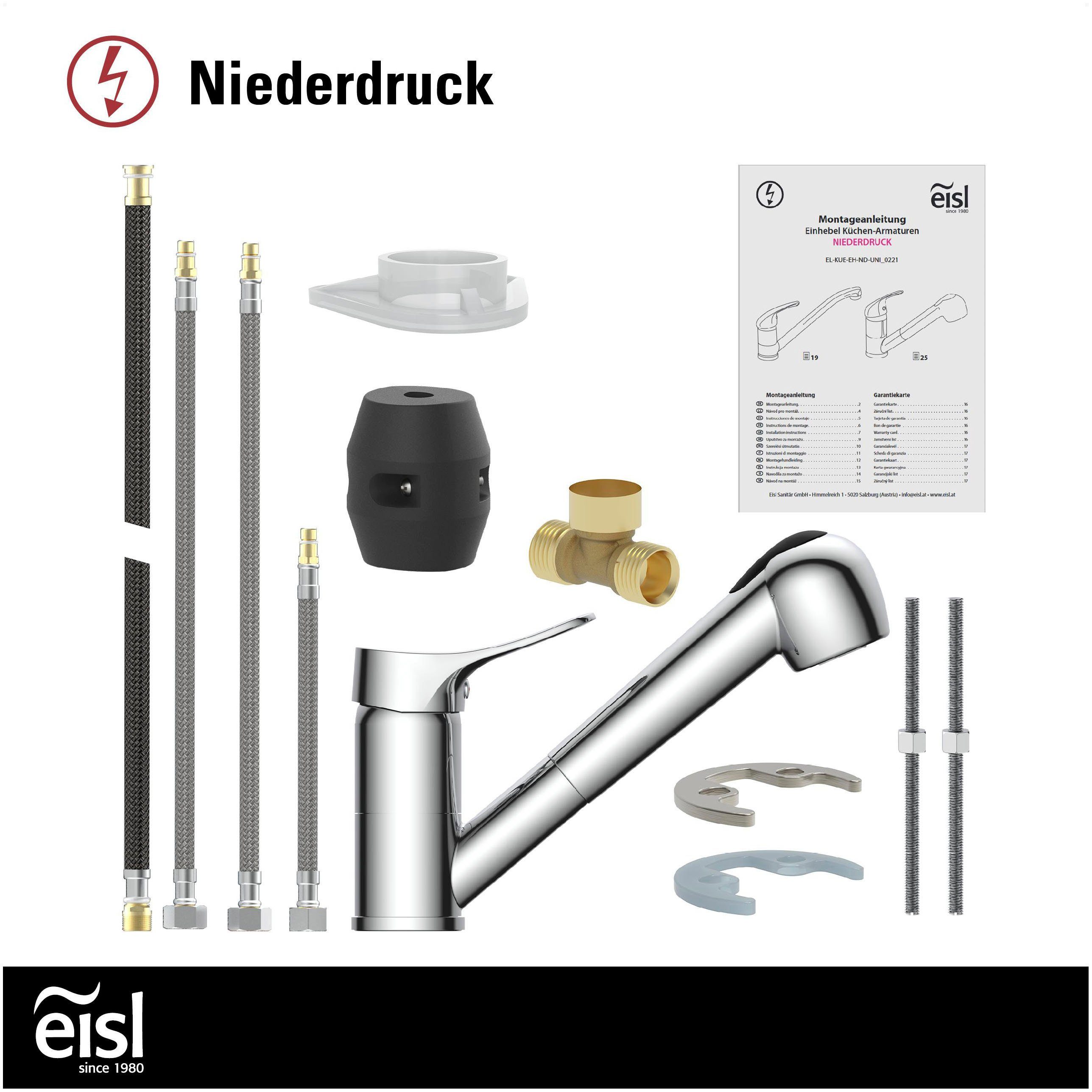 Eisl Spültischarmatur Verona mit Geschirrbrause, Niederdruck, 360° schwenkbar, Mischbatterie, Chrom