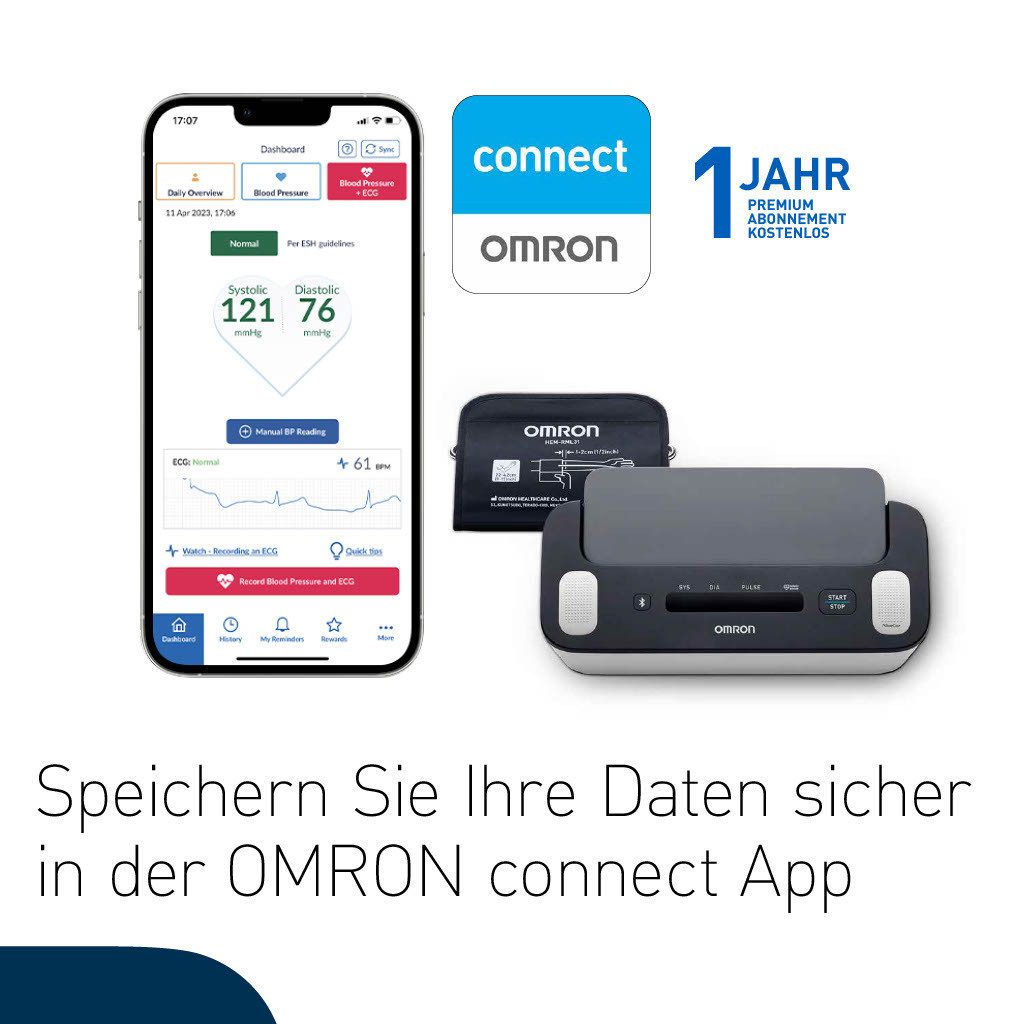 Omron Oberarm-Blutdruckmessgerät Complete mit EKG-Funktion, Vorhofflimmern (AFib)-Screening & App, Einfache, genaue und präzise Blutdruckmessungen und EKG zu Hause
