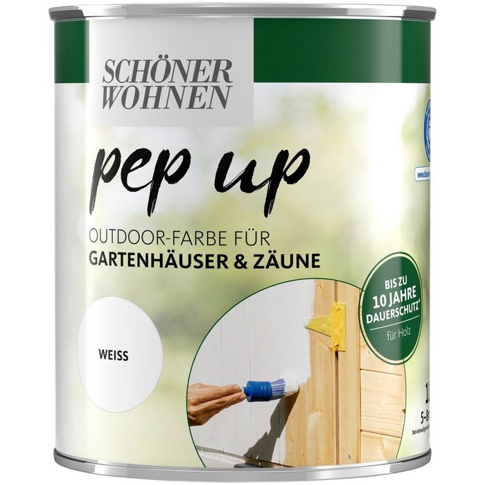SCHÖNER WOHNEN-Kollektion Wetterschutzfarbe pep up Outdoor 1 Liter weiß Farbe für Gartenhäuser und Zäune