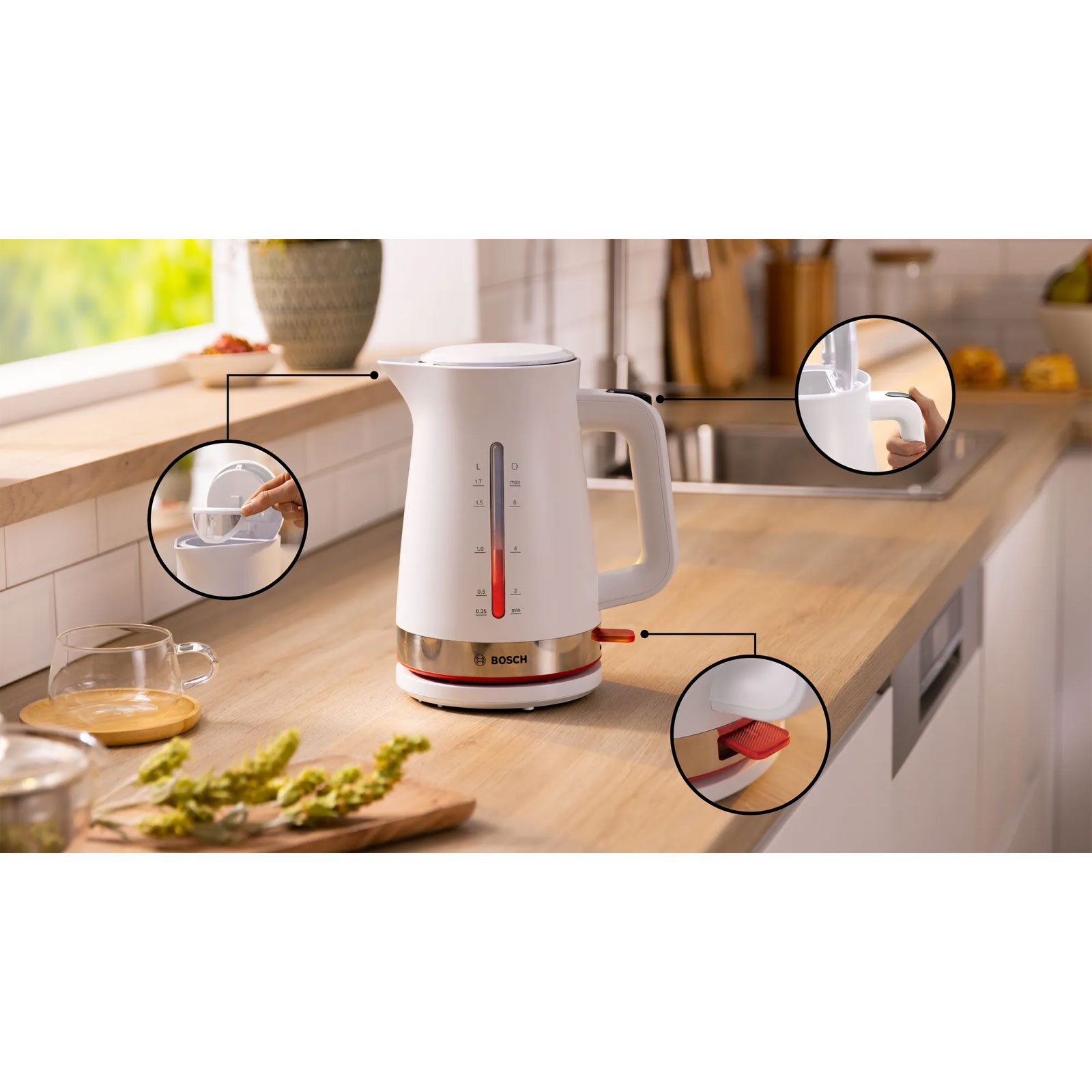 BOSCH Wasserkocher TWK4M221, Großzügiges Fassungsvermögen von 1.7 Litern