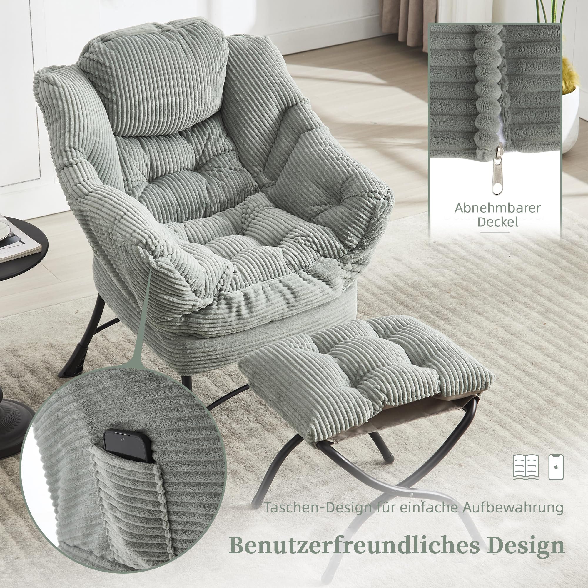 LVHOM Loungesessel Relaxsessel mit Hocker: Verbreitert/Sanftes Design,praktische Ergonomie (Gemütliche, extraweiche Polsterung, rutschfeste Schutzfüße, ergonomi – Bild 4 von 5