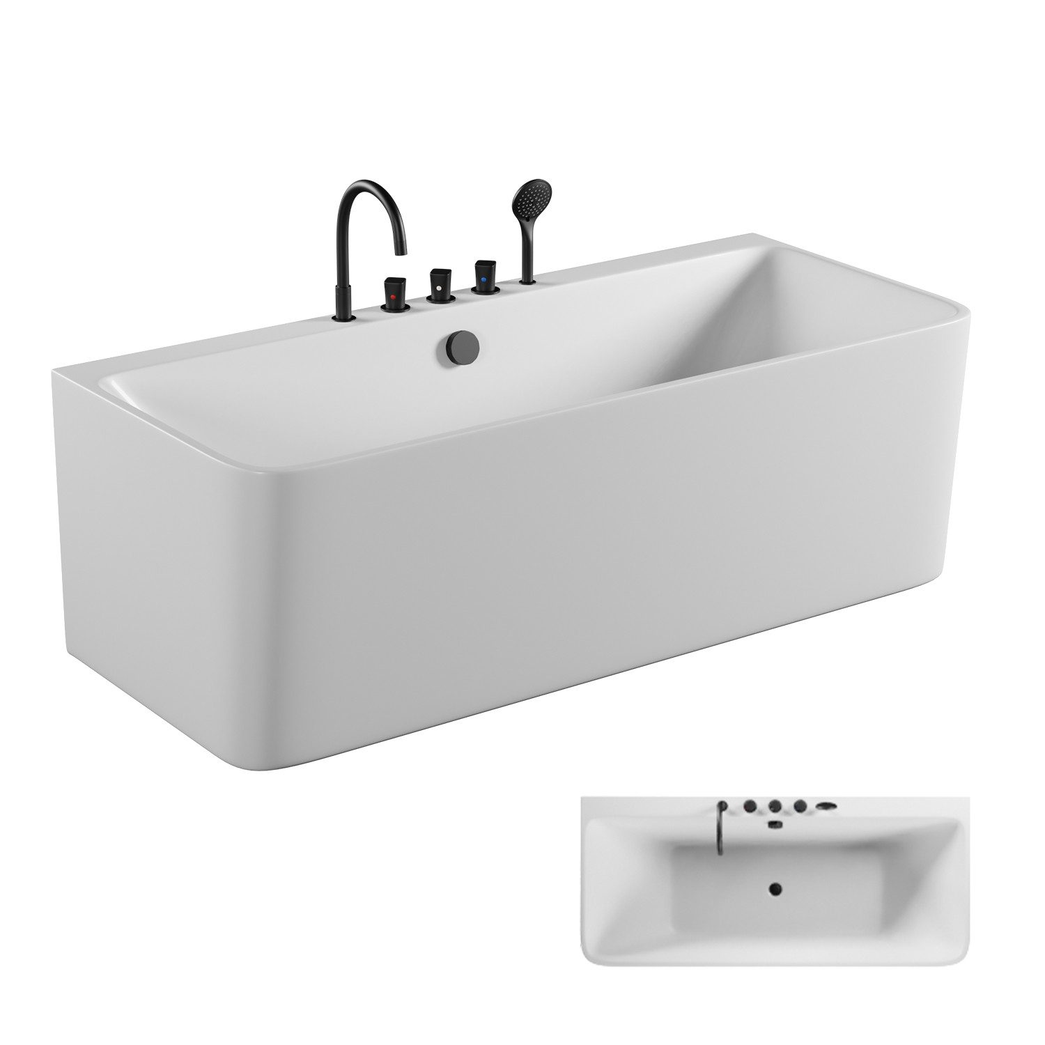 TroniTechnik Badewanne SARIA mit schwarzer Armatur, 170 x 80 x 58cm (L x B x H), (inkl. Armatur, vormontiert,hochwertiges Sanitäracryl, Wärmespeichernd, 3-tlg), glasfaserversärktes Acryl,Überlauf-Ablauf und Push-to-open Abfluss