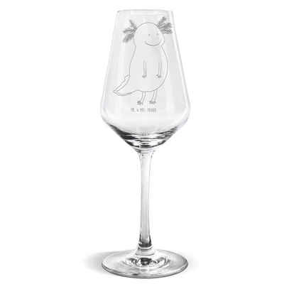 Mr. & Mrs. Panda Weißweinglas Axolotl glücklich, Weißweinglas, Weinglas mit Gravur, Premium Glas, Einzigartig graviert