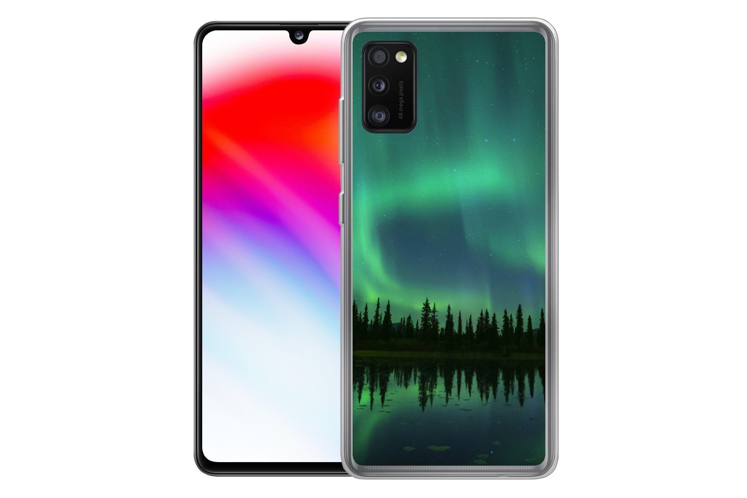 MuchoWow Handyhülle für Samsung Galaxy A41 Nordlicht - Bäume - Wasser - Alaska, Smartphone-Bumper, Print, Handy Schutzhülle Dünn