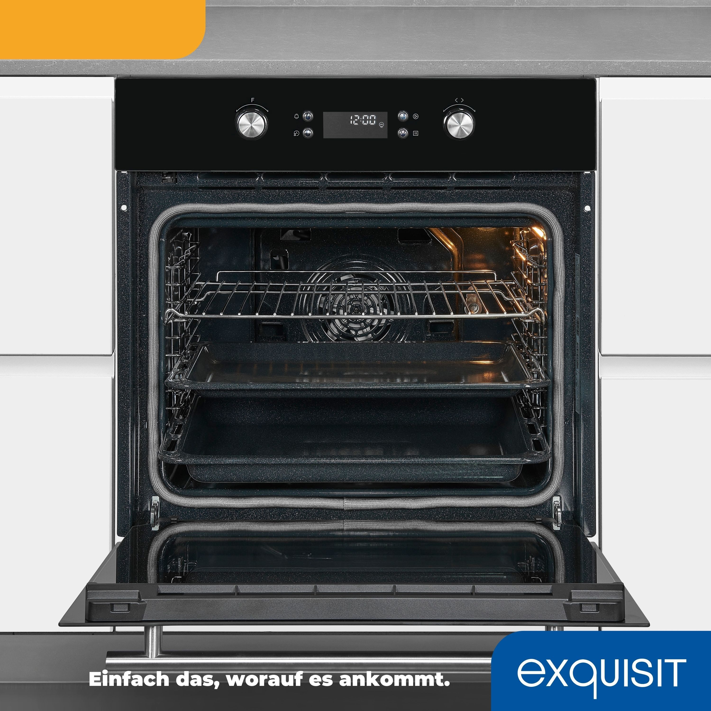 exquisit Einbaubackofen EBEP697-H-030, Pyrolyse-Selbstreinigung, Eco-Funktion, 4-fach-verglaste Tür, versenkbare Knebel