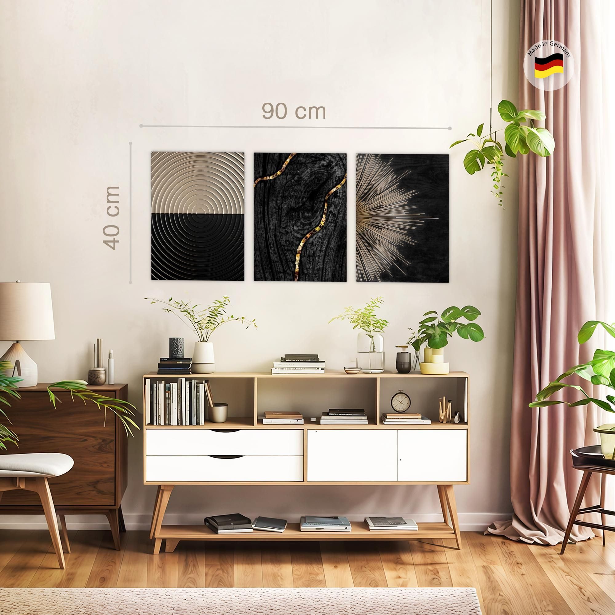 Novart Wandbild Schwarz Gold Abstrakte Kunst Formen Wohnzimmer, (3 St)