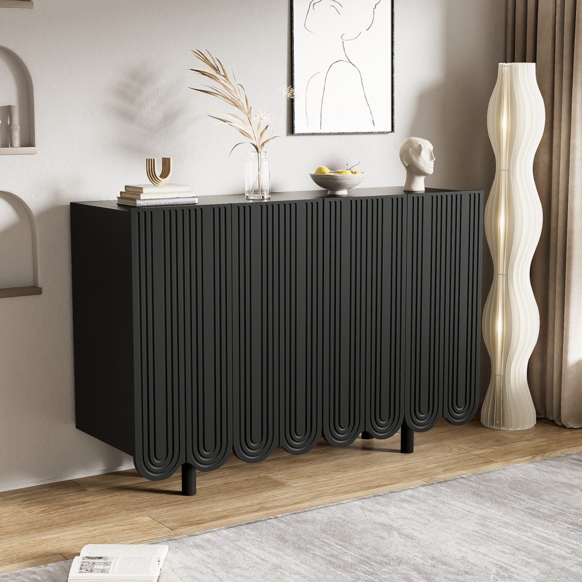 IDEASY Sideboard mit u-förmiger Rillenform, elegante Anrichte, Sideboard schmal (120 x 80,8 x 37,5 cm, Belastbarkeit 60 kg), 4 Türen, gedämpfte Scharniere, großes Stauraumvolumen