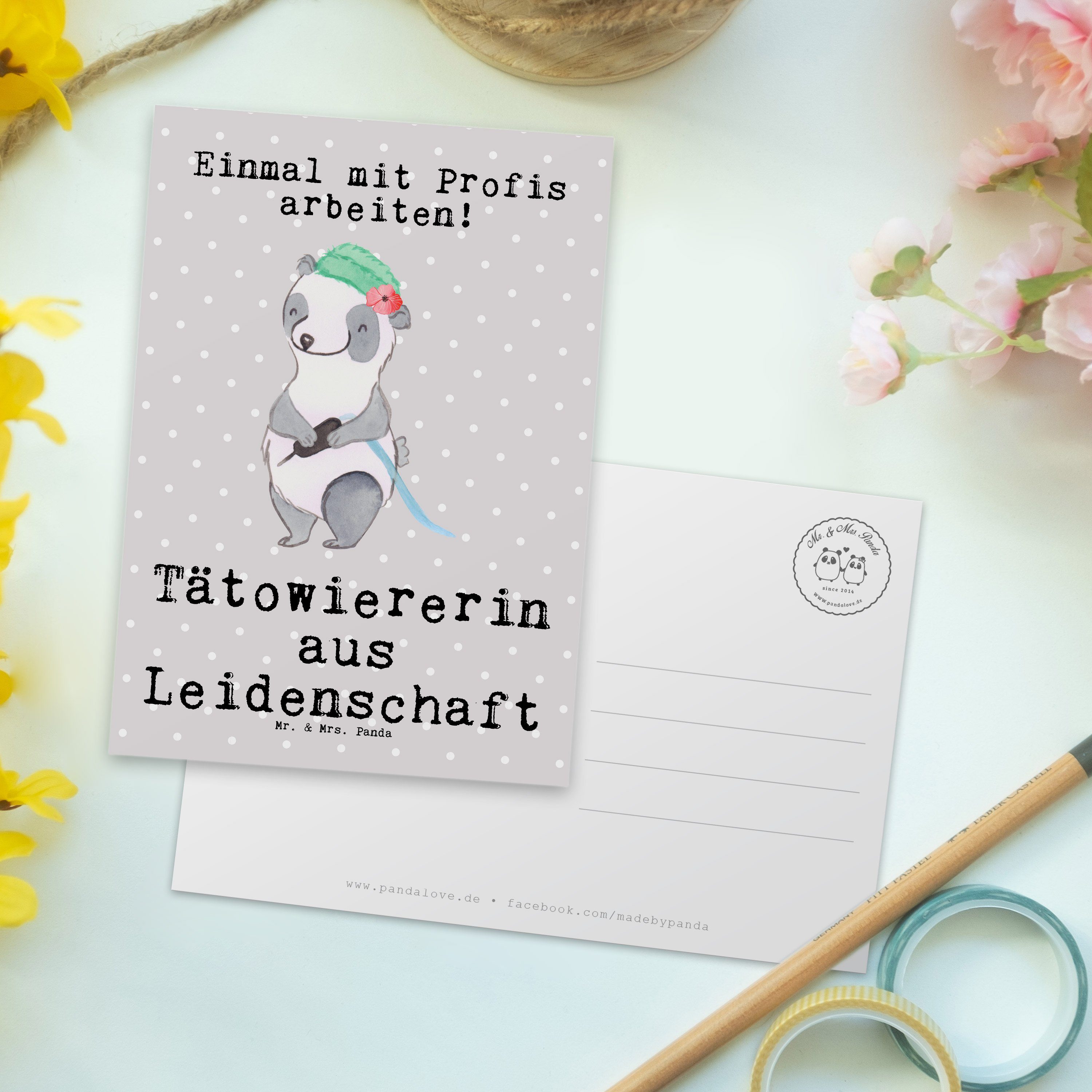 - Pastell Mr. Tätowiererin Postkarte aus Grau Geschenk, Panda & Mrs. Leidenschaft - Arbeitskolle