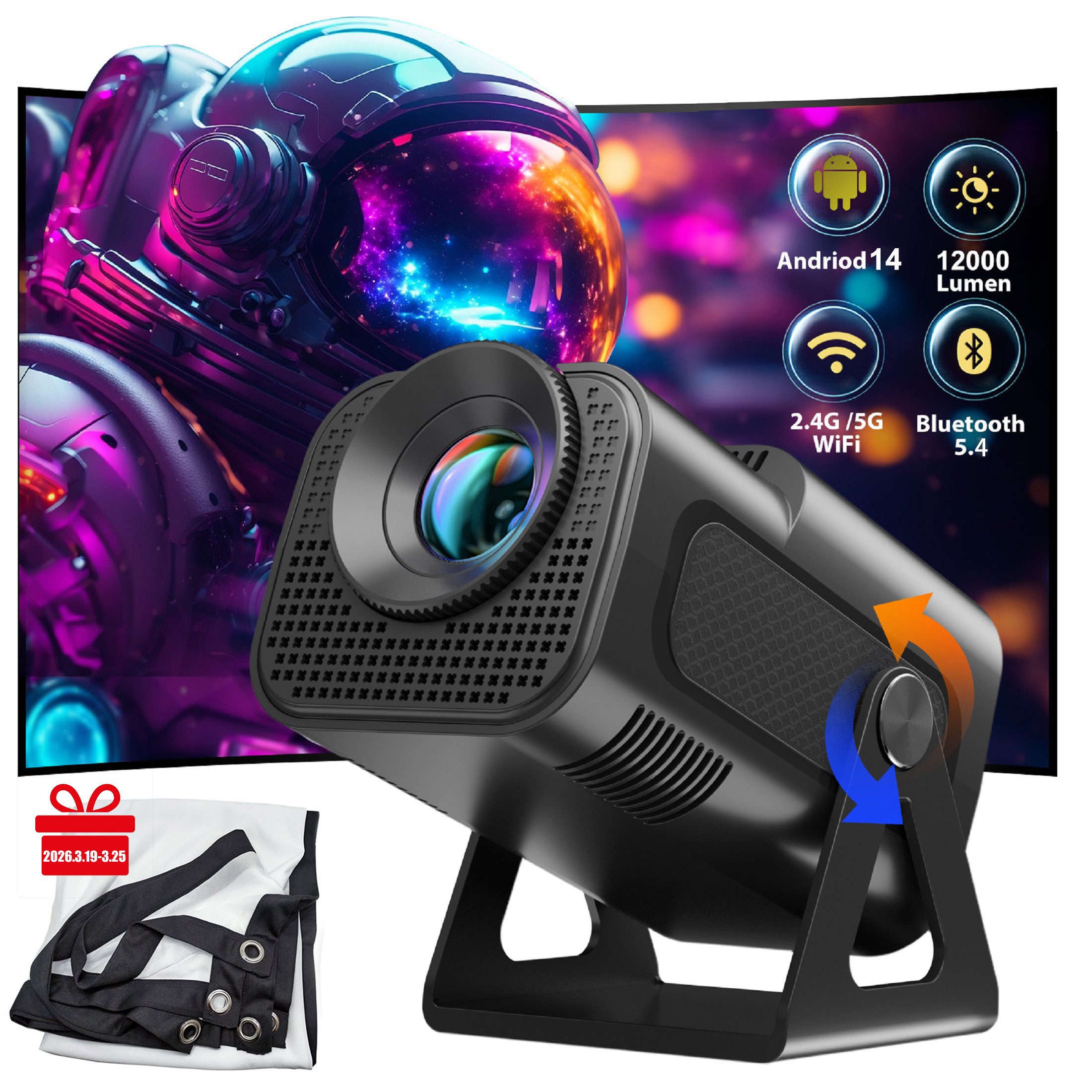 XGODY Android 14 Smart Projektor 2025 Upgrade 8K-Dekodierung LCD-Beamer (12000 lm, 10000:1, 3840 x 2160 px, H726-Chip, Auto Keystone Correction, 180° Drehbar, BT 5.4, WiFi 6)