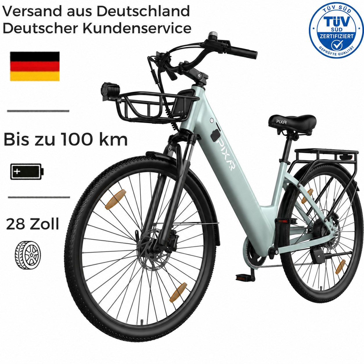 PIXAR E-Bike Cityrad Pedelec 28 Zoll 36V 18Ah bis 100 km Shimano 7 Gang, 7 Gang, Heckmotor, 648 Wh, Bürstenloser Motor, Bürstenloser Motor