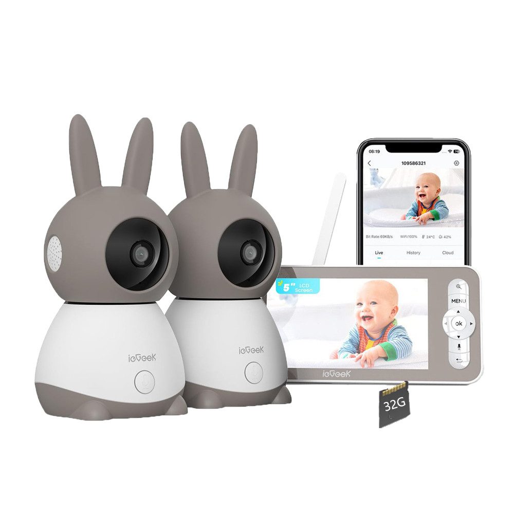 Video-Babyphone Babyphone mit Kamera 2K/3MP 5 Zoll WiFi Video Babyphone mit 32GB Karte