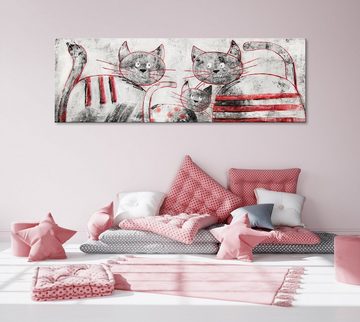 YS-Art Gemälde Lustige Katzen, Tierbilder, Leinwand Bild Handgemalt Katzen Familie Rot Grau