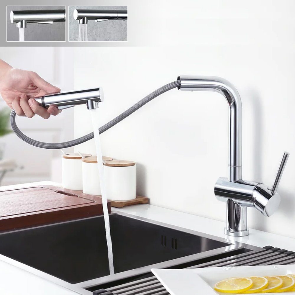 XIIW Waschtischarmatur Wasserhahn Küche Mischbatterie 360° Küchenarmatur Spültischarmatur (mit 3 Modus, Messing) Hochdruck Einhand-Spültischbatterie