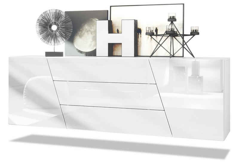 Vladon Sideboard Houston (hängende Kommode, mit 2 Türen und 3 Schubladen), Weiß matt/Weiß Hochglanz (178 x 57,5 x 38,5 cm)