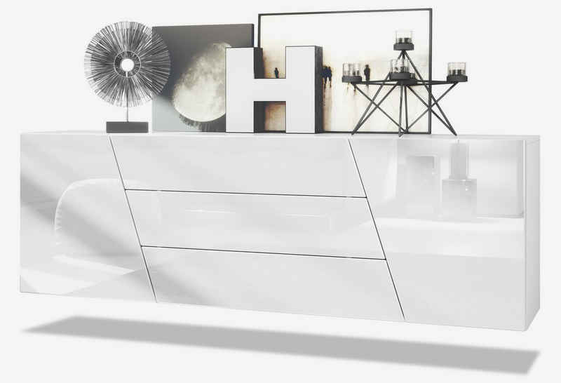 Vladon Sideboard »Houston hängend« (hängende Kommode, mit 2 Türen und 3 Schubladen), Weiß matt/Weiß Hochglanz (178 x 57,5 x 38,5 cm)