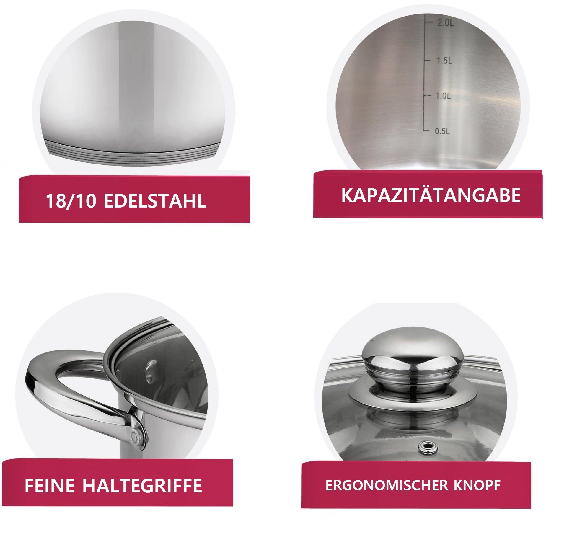 Rungassi Topf-Set Topf-Set 8tlg Edelstahl Kochgeschirr Induktion Rostfrei Deckel SS8, Edelstahl (Set bestehend aus 8 Teilen)