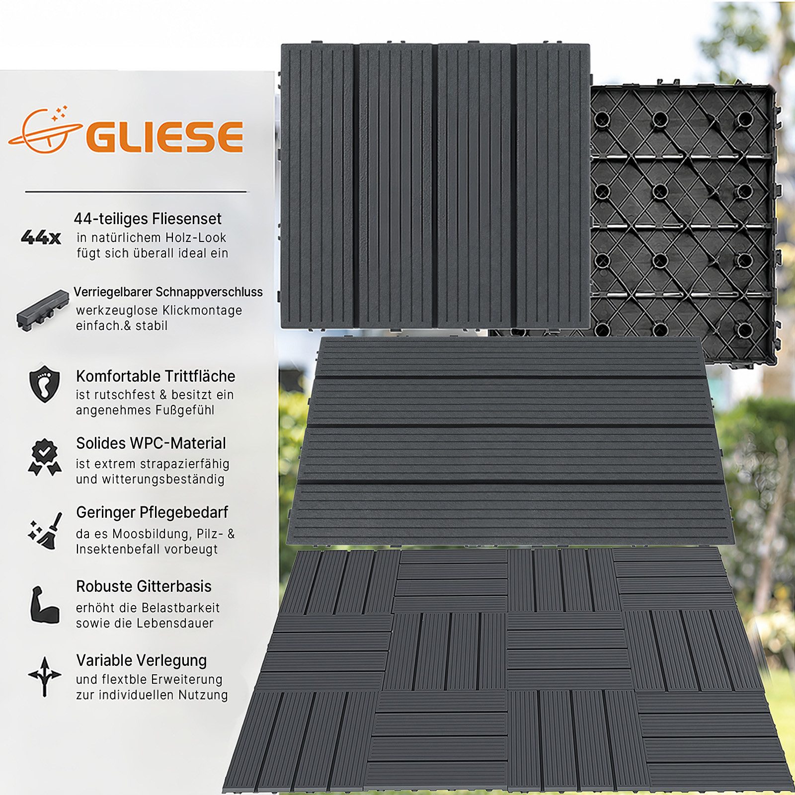 GLIESE Terrassendielen Terrassenfliesen 44er Set mit Klicksystem, 30 x 30 x 2 cm, 3,96 m², BxL: je 30x30 cm, 20 mm Stärke, (Set, 44-St., Dunkelgrau), für Garten – Bild 2 von 5