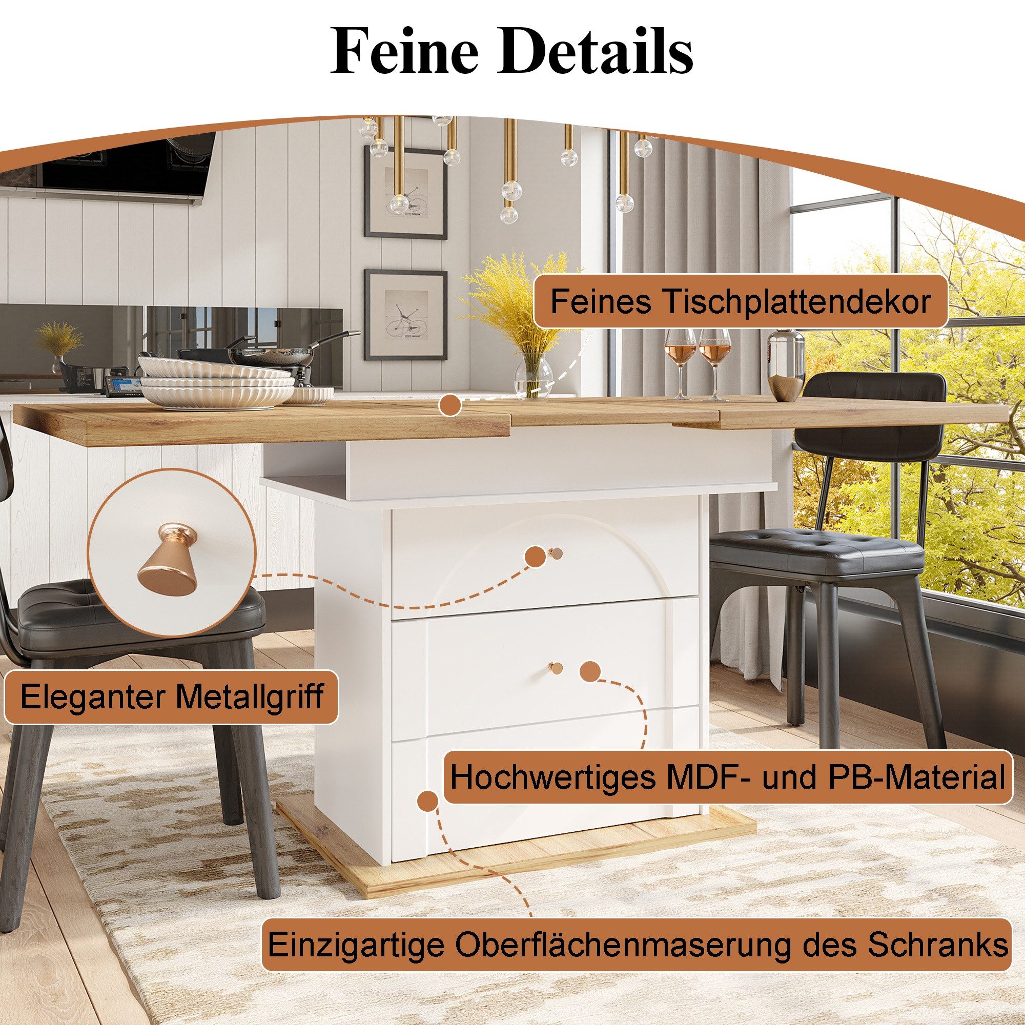 IDEASY Esstisch ausziehbarer Küchentisch, 110-140x80 cm, klappbar & platzsparend (1 Tisch), Teleskop-Mechanismus 110-140cm, klappbare Beine für kompakte Lagerung