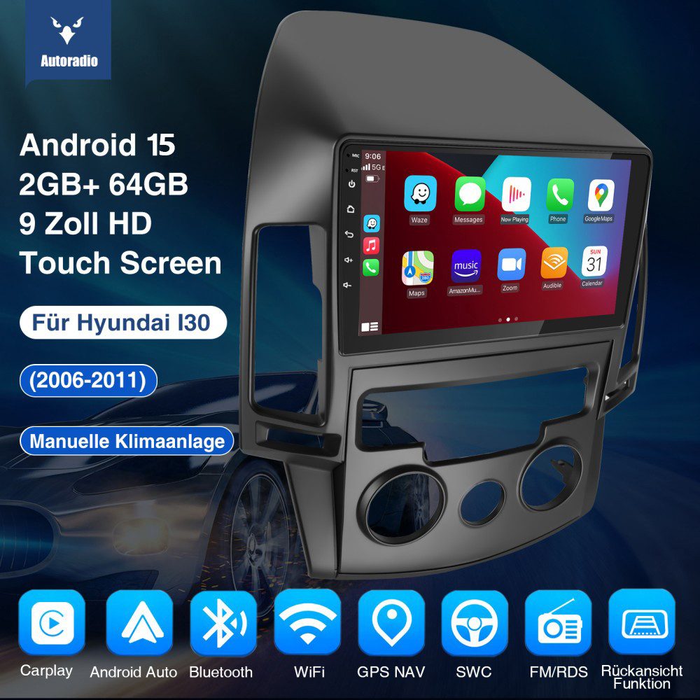 ESSGOO 9'' DAB+ Für Hyundai i30 MK1 FD 2006-11 Android 15 Carplay GPS Navi BT Autoradio (RDS, 2+64GB(optional), FM, AM, DAB+ (optional), Wireless Apple Carplay & Android Auto,2 DIN,WiFi)