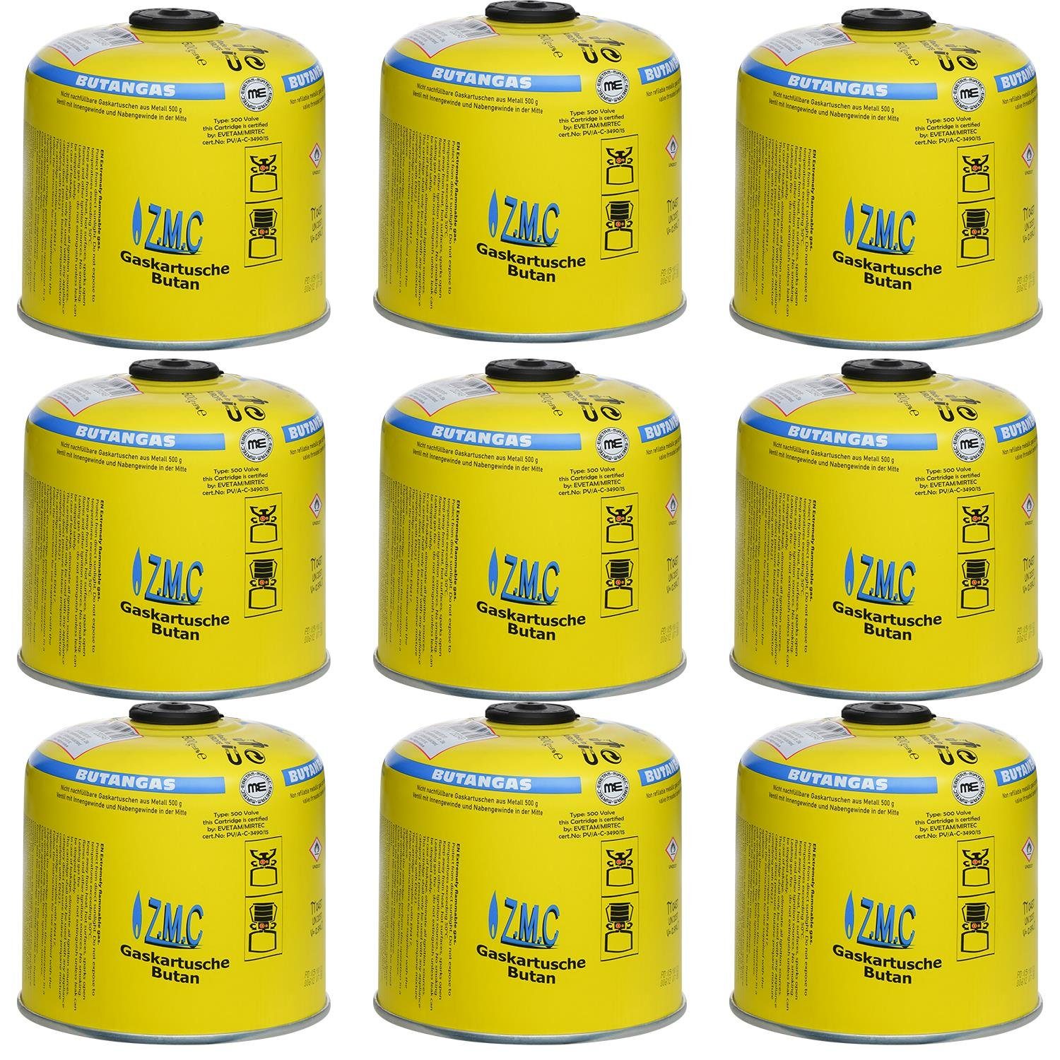 ZMC Gaskartusche 9x Universal Camping Propan Butan Gas 500g Schraubventil Gaskartusche, Zubehör für Butangas Druckgasdose Für Gaskocher / Gaslötgeräte / Abflammgeräte Eurogewinde, Schraubventil Gaskartuschen 990ml Ventilkartusche Gewindeanschluß