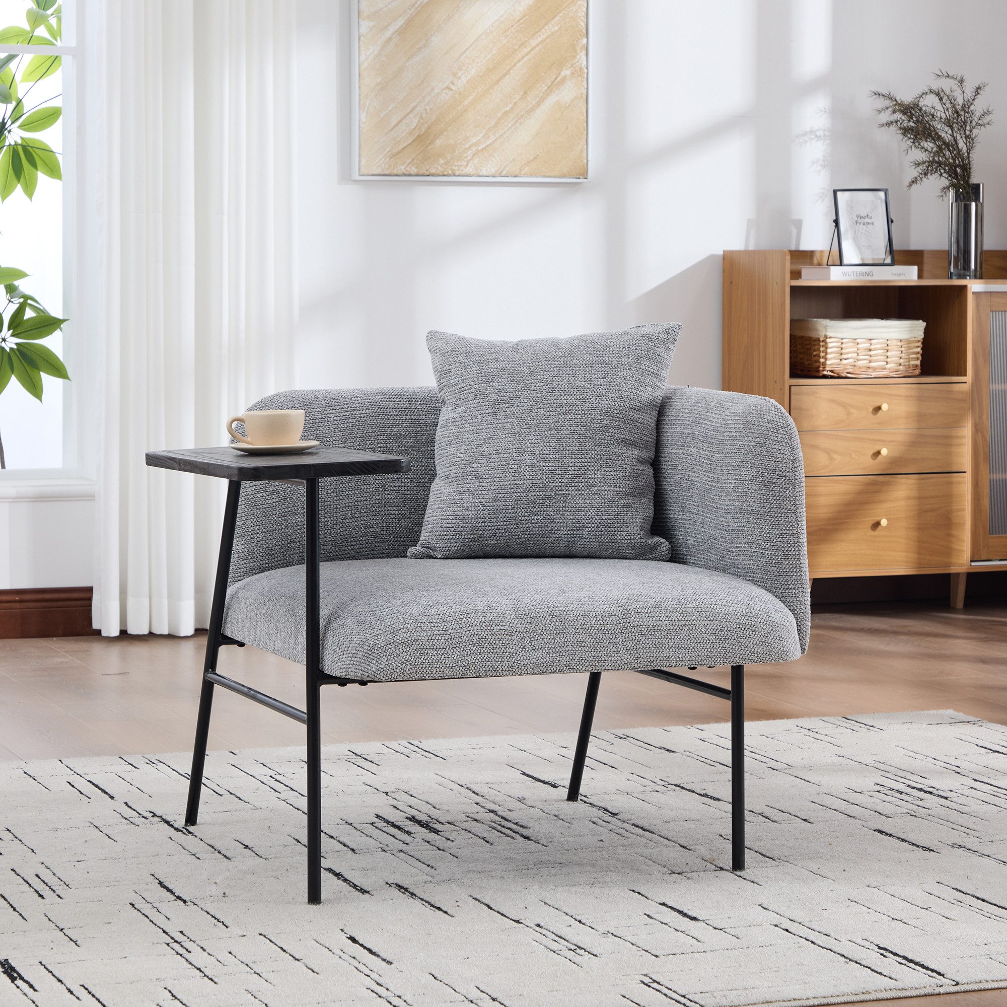 REDOM Loungesessel Polsterstuhl mit Stoffpolsterung & 2 integrierten Staufächern (kombiniert mit Beistelltisch aus Metallrahmen), Relaxsessel Freizeitstuhl