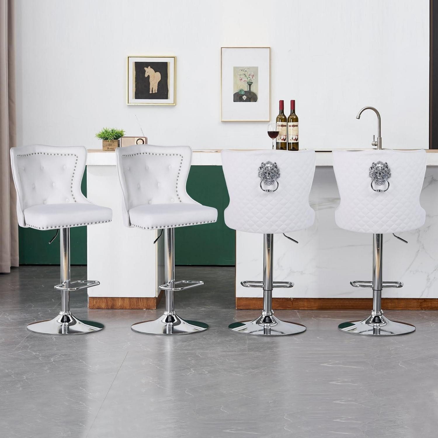 Barhocker Barhocker Samt höhenverstellbar drehbar Löwenring Weiß 4er-Set