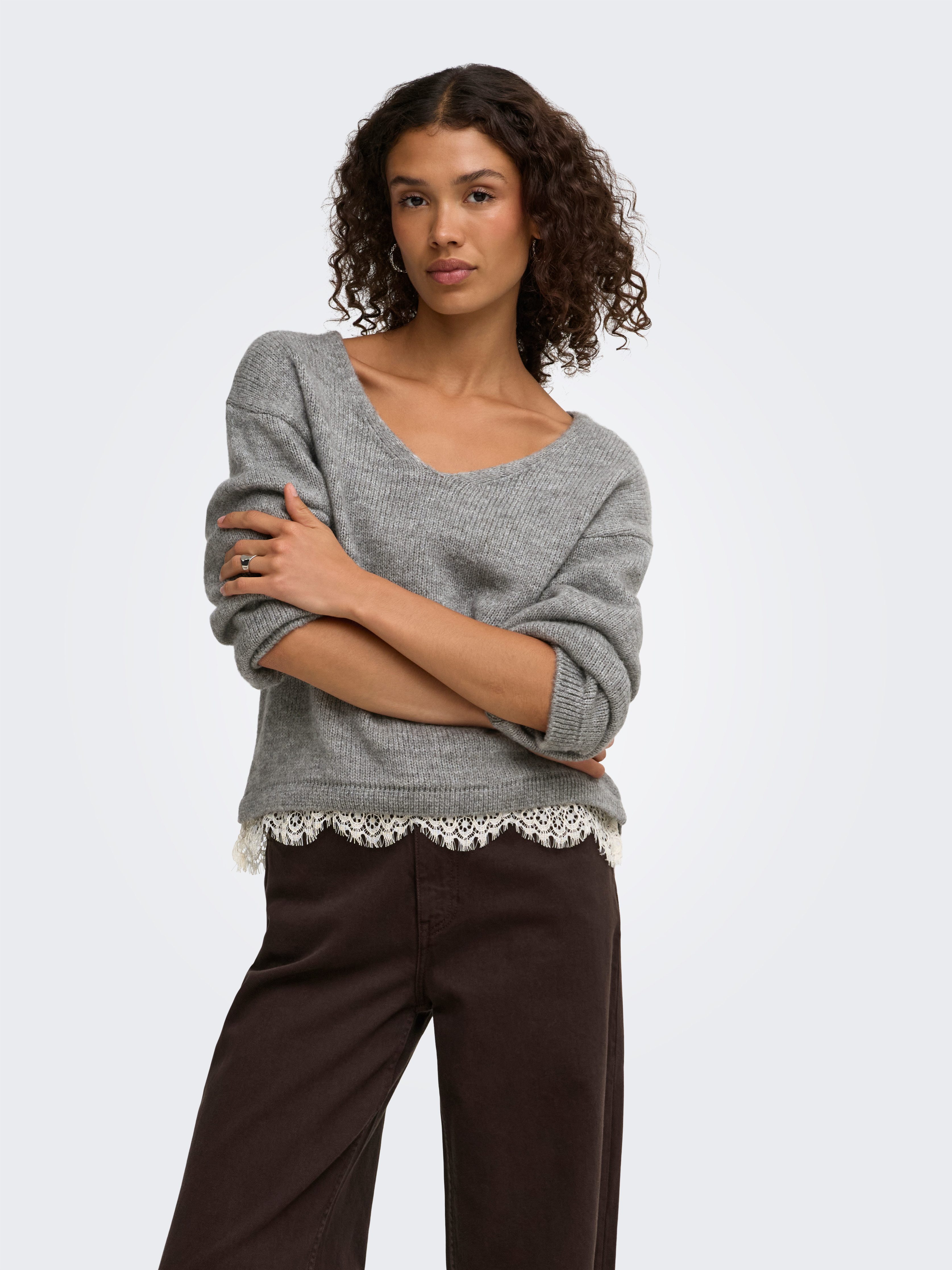 JDY Strickpullover JDYSTEPHANIE L/S V-NECK LACE PULL KNT Materialmix