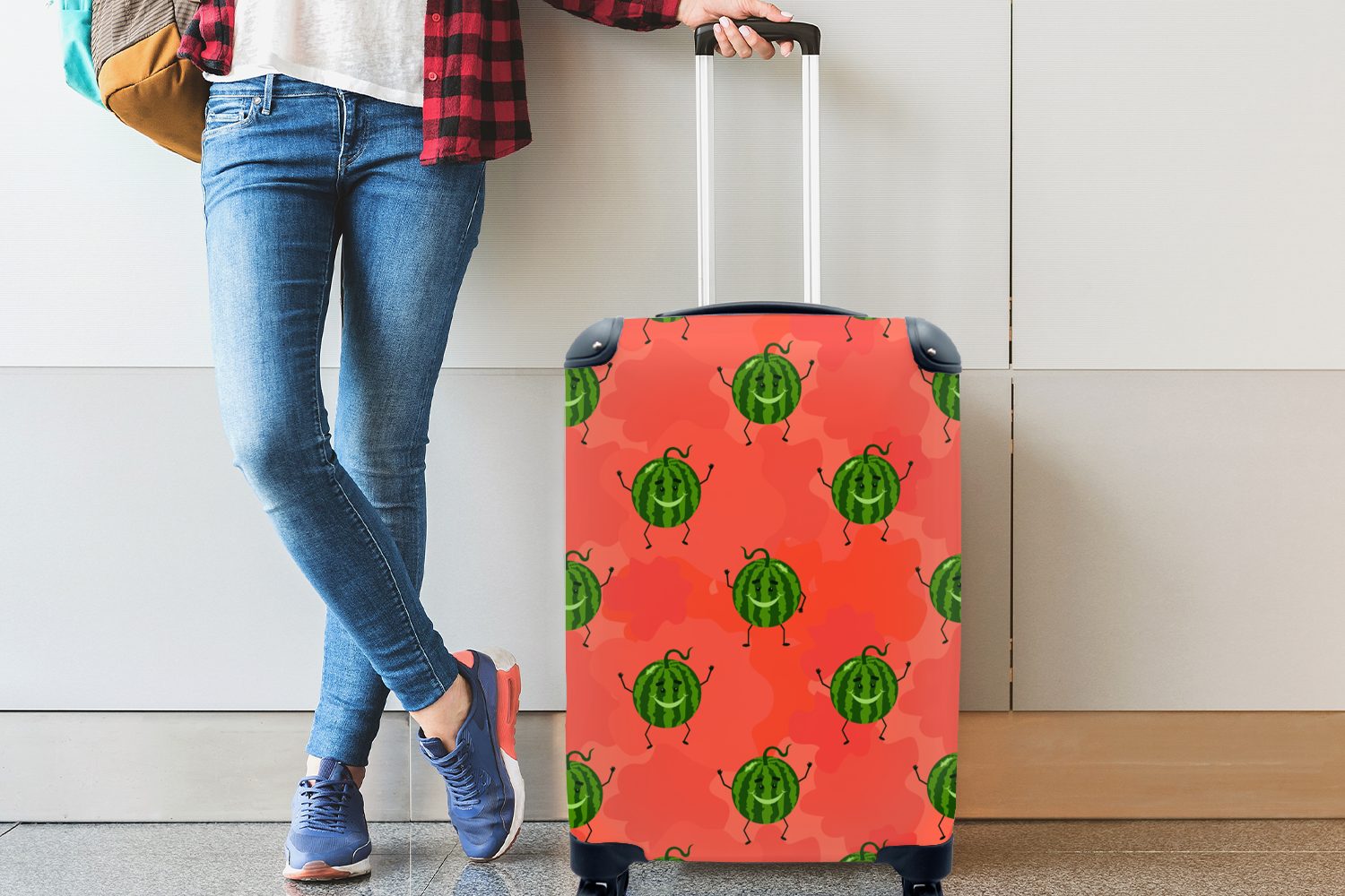 - MuchoWow Kawaii, mit Reisetasche Melone Rollen, - Handgepäck Trolley, Ferien, Muster Handgepäckkoffer rollen, Reisekoffer für 4