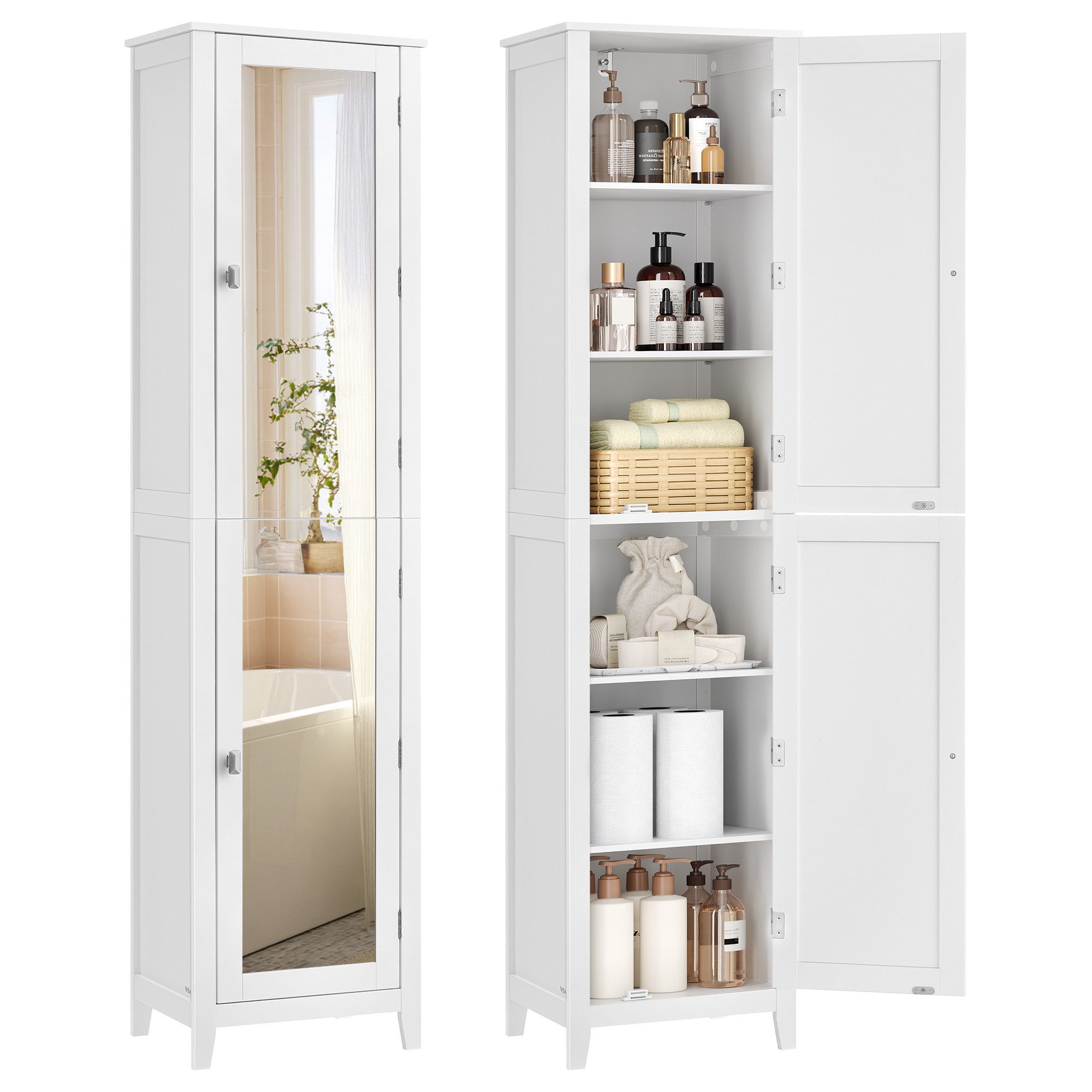 VASAGLE Badkommode Badezimmerschrank mit Ganzkörperspiegel, mit verstellbaren Ablagen, Hochschrank, 30 x 40 x 160 cm, für kleine Räume, Wohnzimmer, Flur