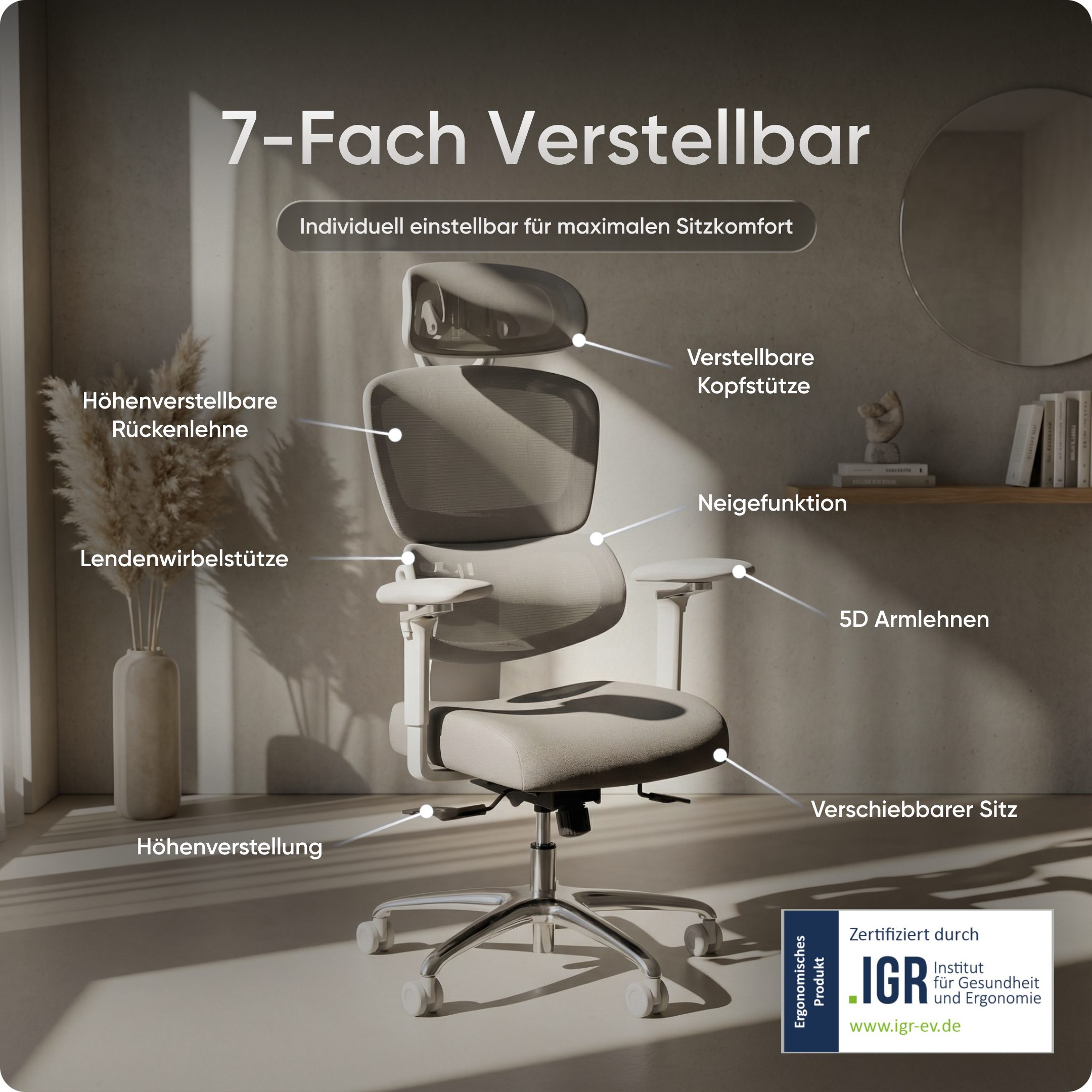 DESKSPACE Schreibtischstuhl Move Pro Bürostuhl – ergonomisch, Netzrücken, 3 Neigungen, 150 kg, Ergonomisch, 3D-Armlehnen, Netzrücken, 3-Neigungsstufen