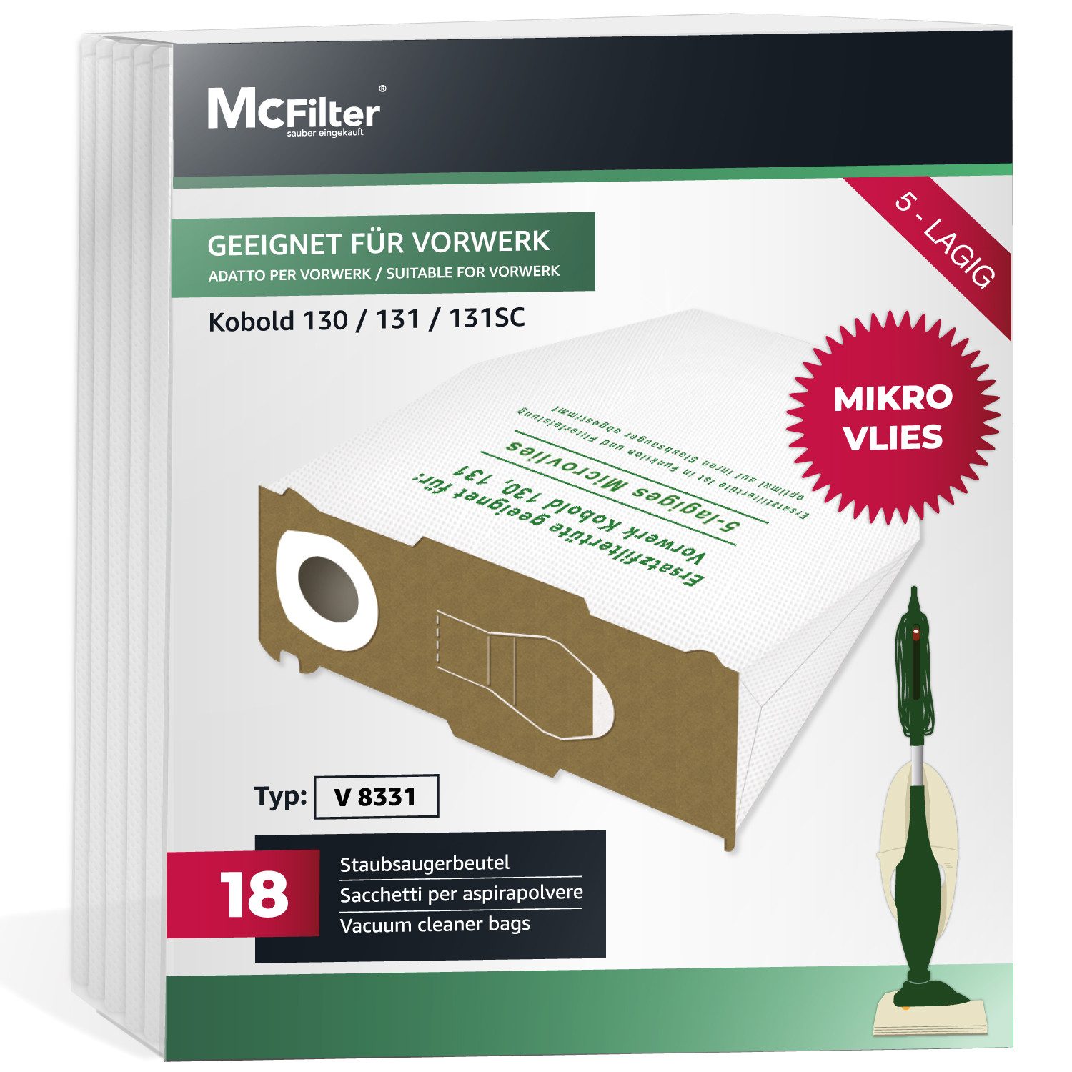 McFilter Staubsaugerbeutel Alternative zu Swirl V64 V 64, passend für Vorwerk Kobold VK 130, VK 131 SC, 18 St., mehrlagig, Pappdeckscheibe, inkl. Staubverschluss