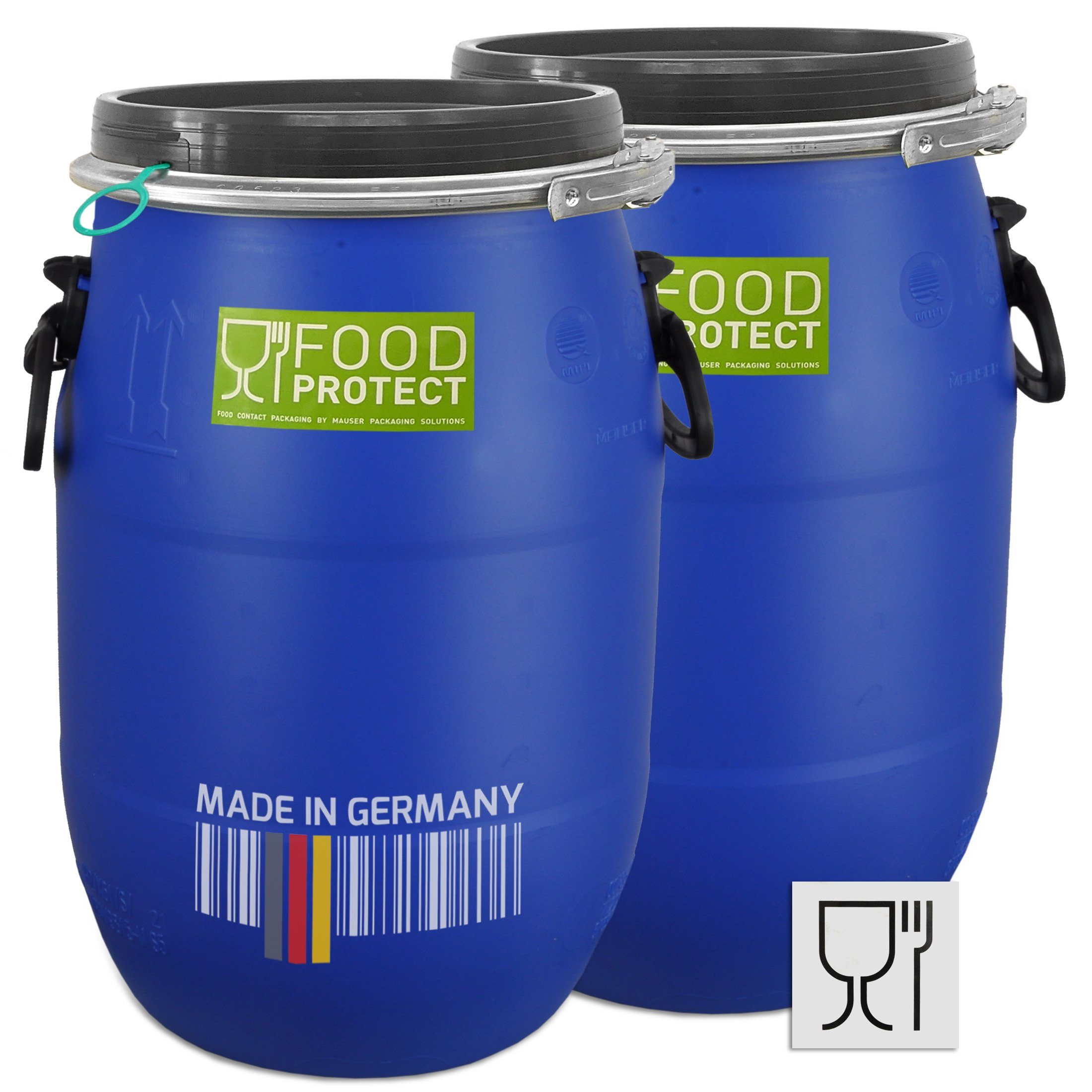 Plasteo Regentonne 30L Deckelfass lebensmittelecht FDA-Zulassung UN-Zulassung, 30 l, (2-tlg)