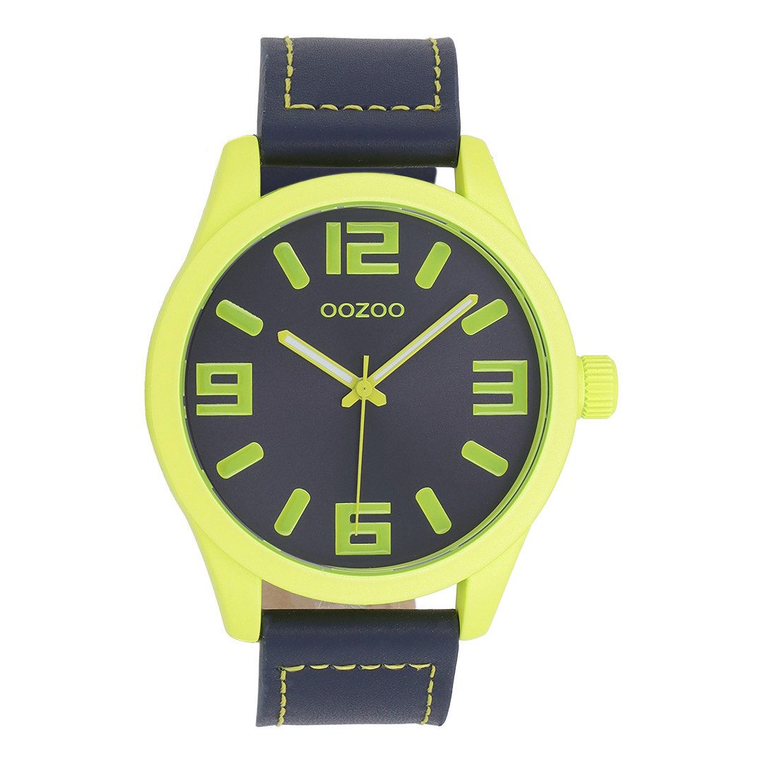 OOZOO Quarzuhr XXL Armbanduhr C0907 Damen 46 mm dunkelblau gelb Lederband