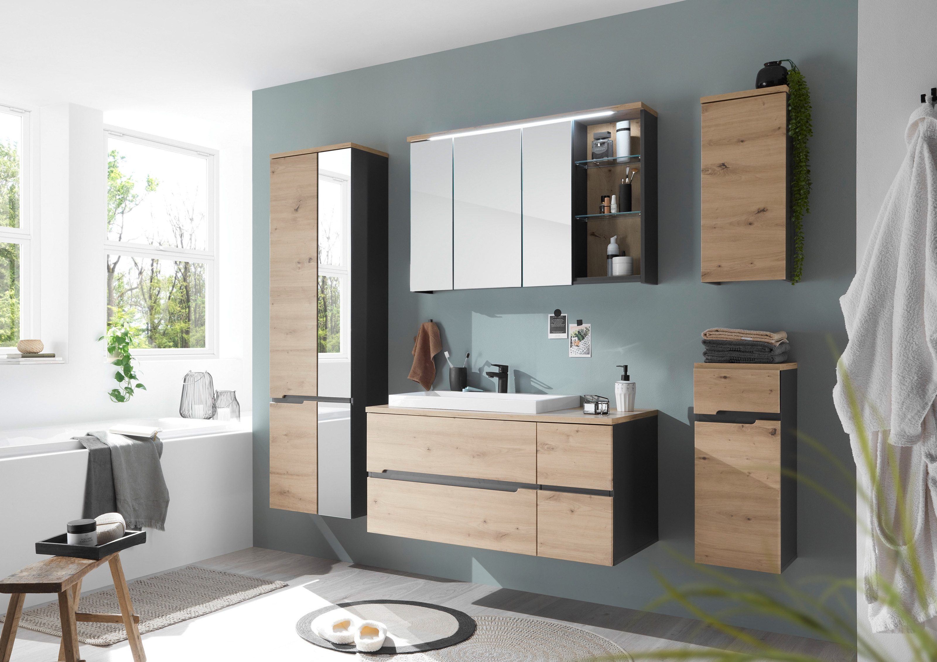 PREISBRECHER Badezimmer-Set Memphis, (5-tlg., Hängeschrank), (5-tlg) Grau / Artisan Eiche Dekor - 230x176x53 (BxHxT)