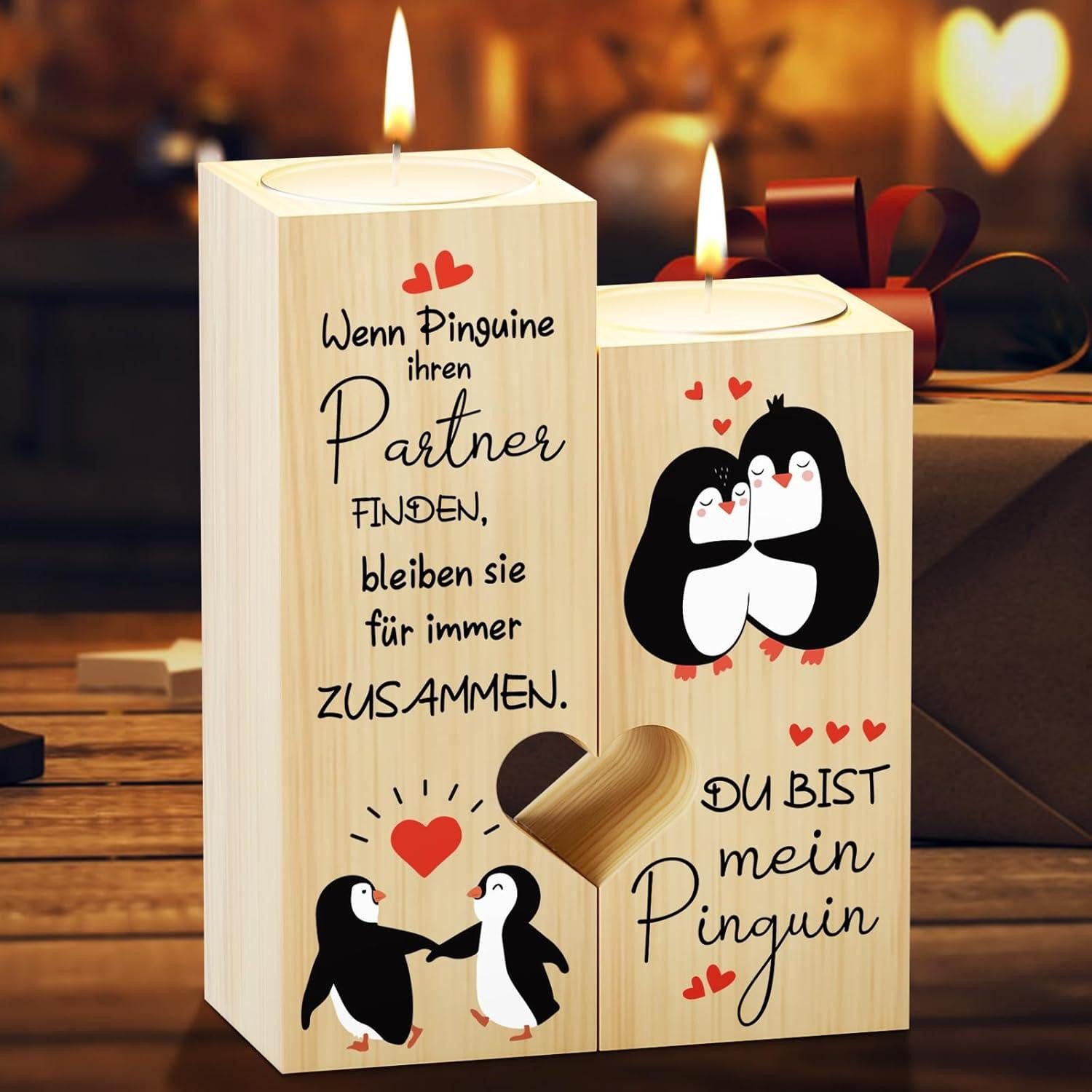 Kerzenständer Valentinstag Jahrestag Geschenk Kerzenständer Pinguin Holz Liebe