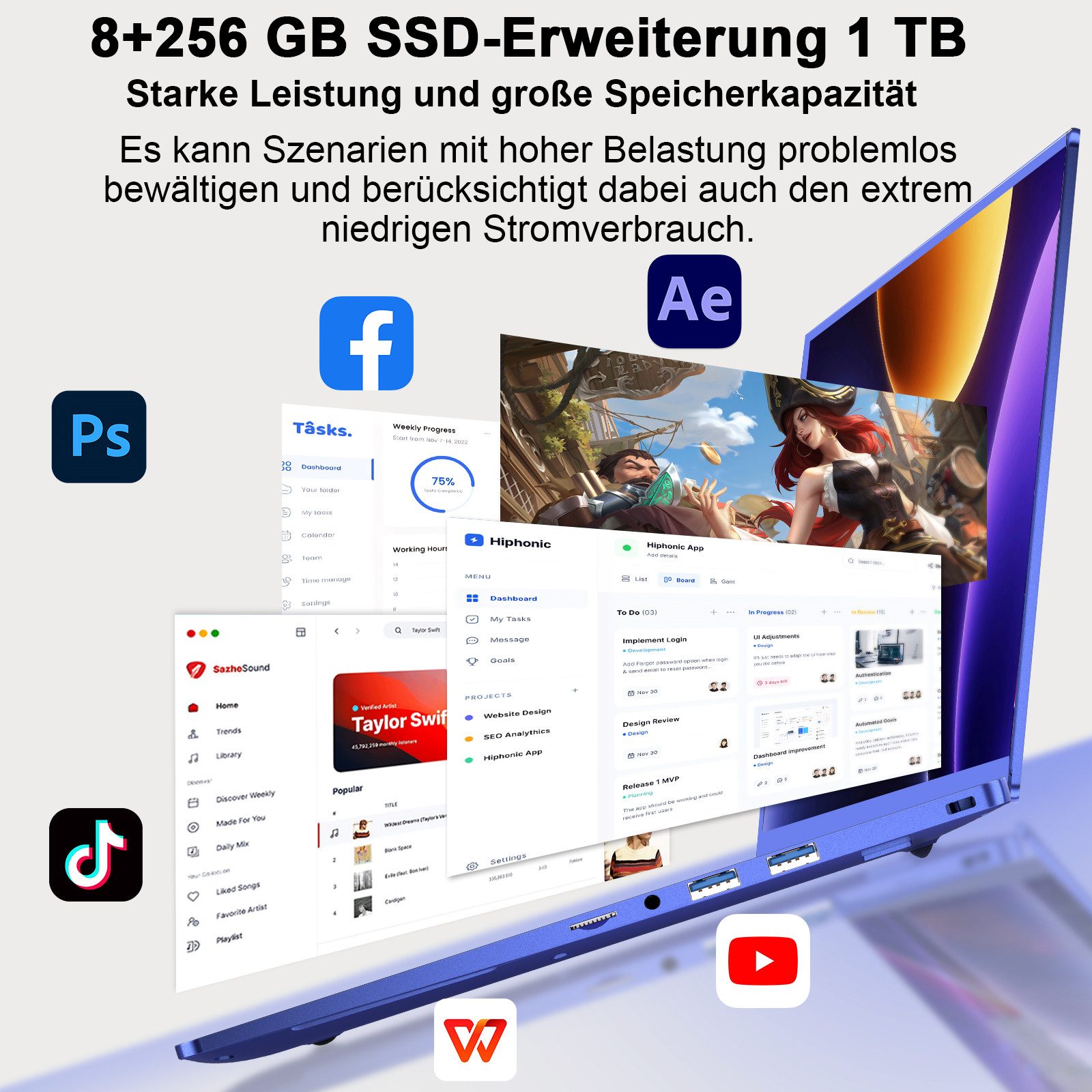 bvate 2026 14-Zoll-Laptop-Computer, 8 GB DDR4, Quad-Core N5095 CPU Notebook Notebook (OTHER, N5095, 8 GB, 256 GB SSD, 180° Drehung/Low Blue Light-Zertifizierung/Deutsche Tastaturaufkleber)