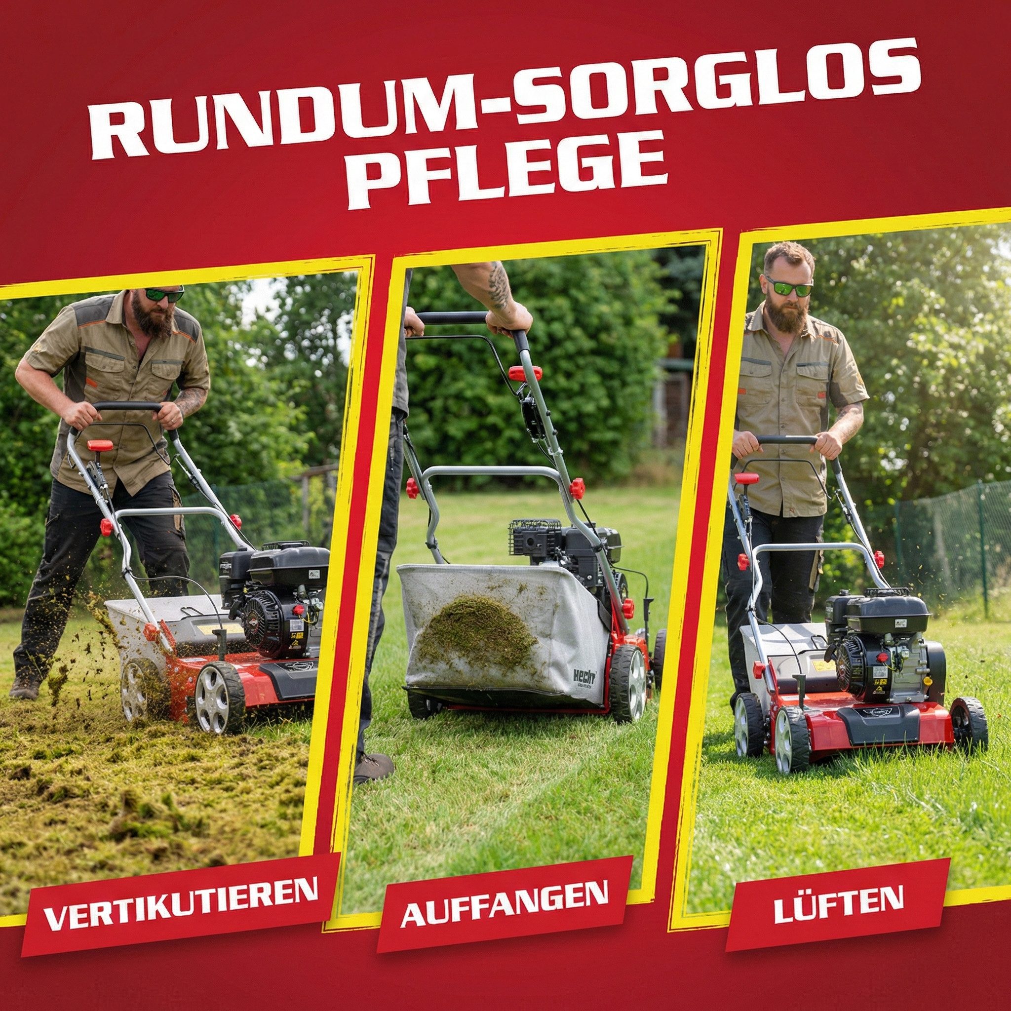 Hecht Benzin-Vertikutierer / Lüfter Rasenlüfter 5676, 2in1 4,2 kW / 5,7 PS Briggs & Stratton, 40 cm Arbeitsbreite, mit Montagewerkzeug, 18 Messer, 24 Federkrallen, 45 Liter Fangkorb