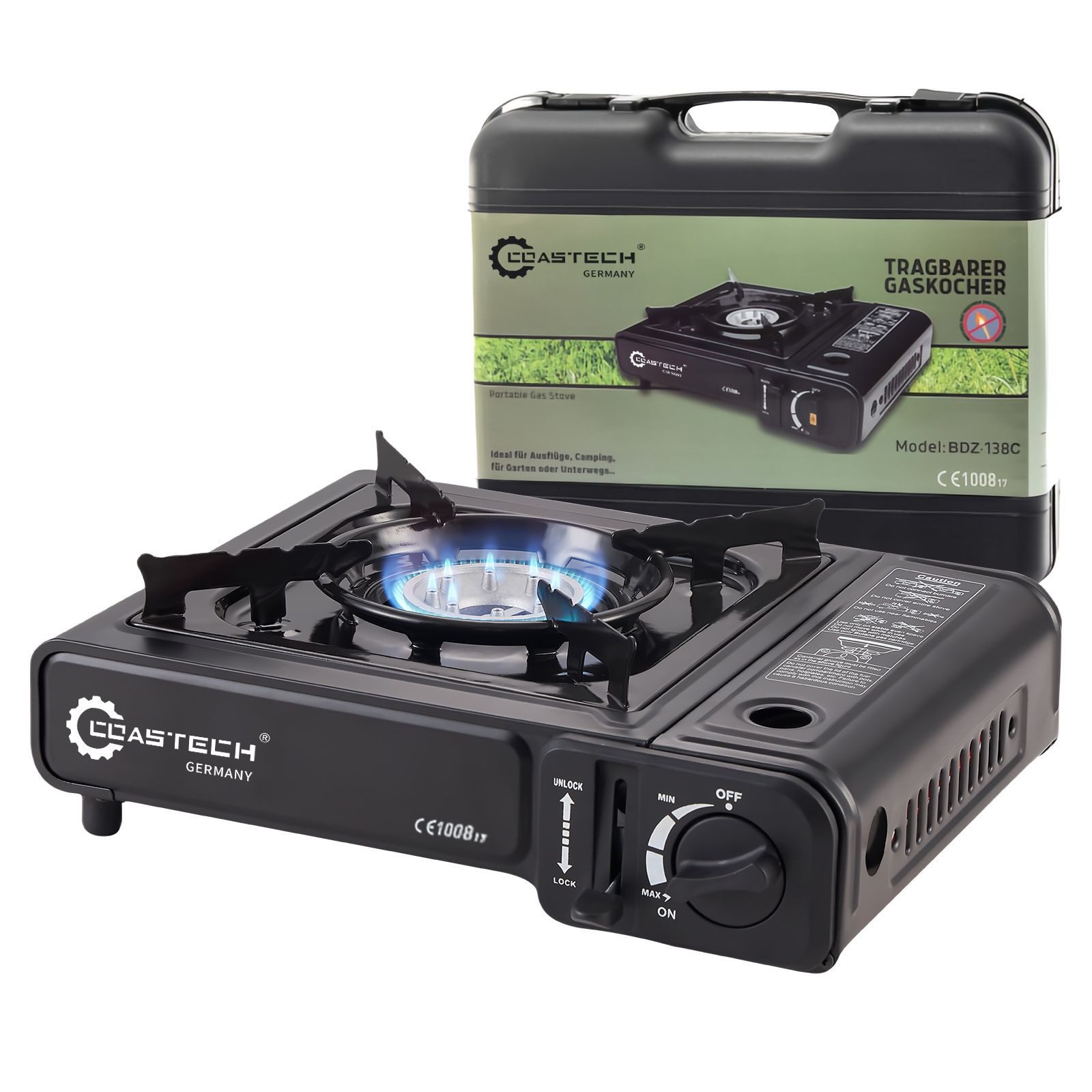 Coastech Camping-Gasgrill Gaskocher Gasherd mit Koffer, Tragbarer Campingkocher Kartuschen, Robuster Gaskocher mit Kochfeld – Schwarz – Perfekt für Camping