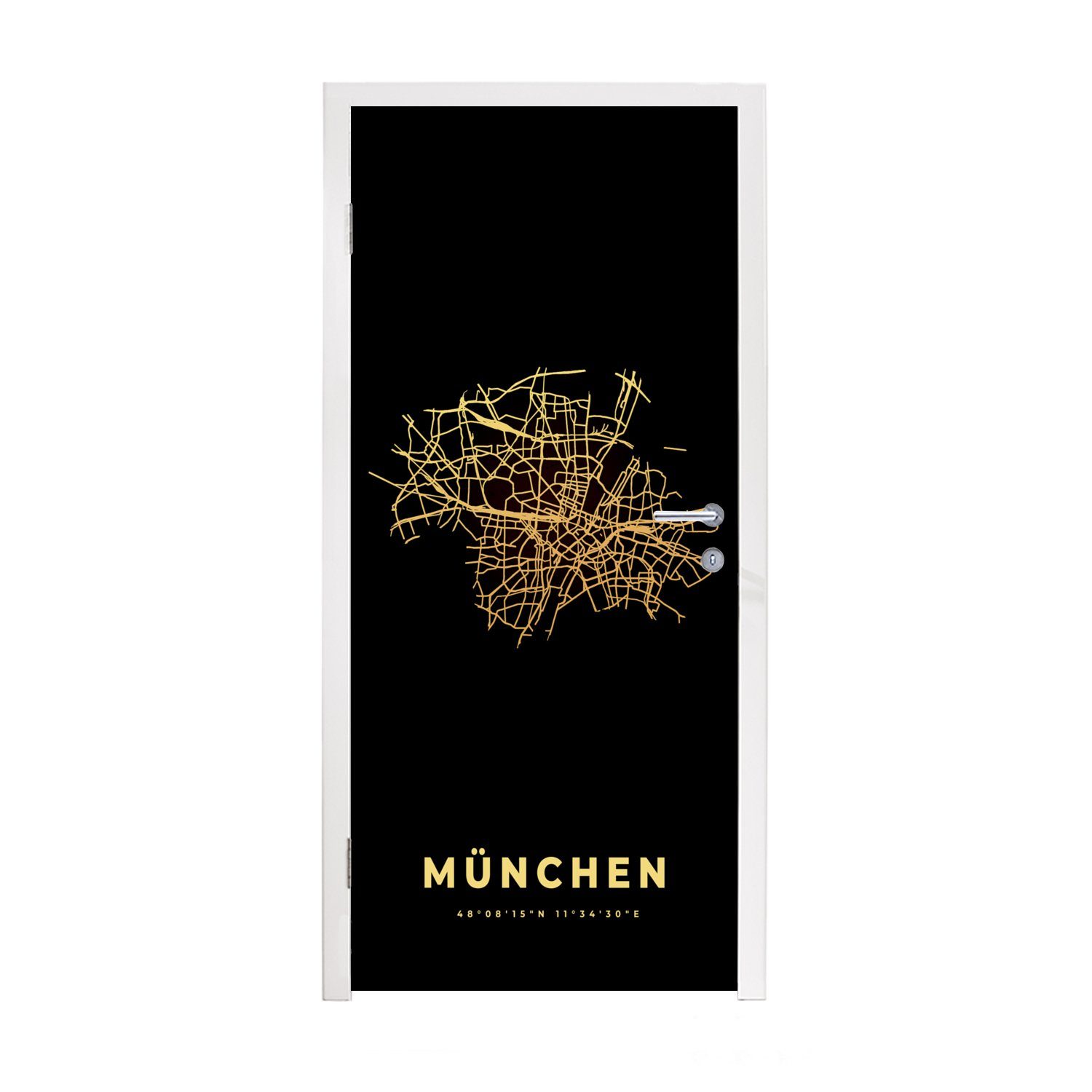 MuchoWow Türtapete München - Karte - Gold - Stadtplan - Wegbeschreibung, Matt, bedruckt, (1 St), Fototapete für Tür, Türaufkleber, 75x205 cm