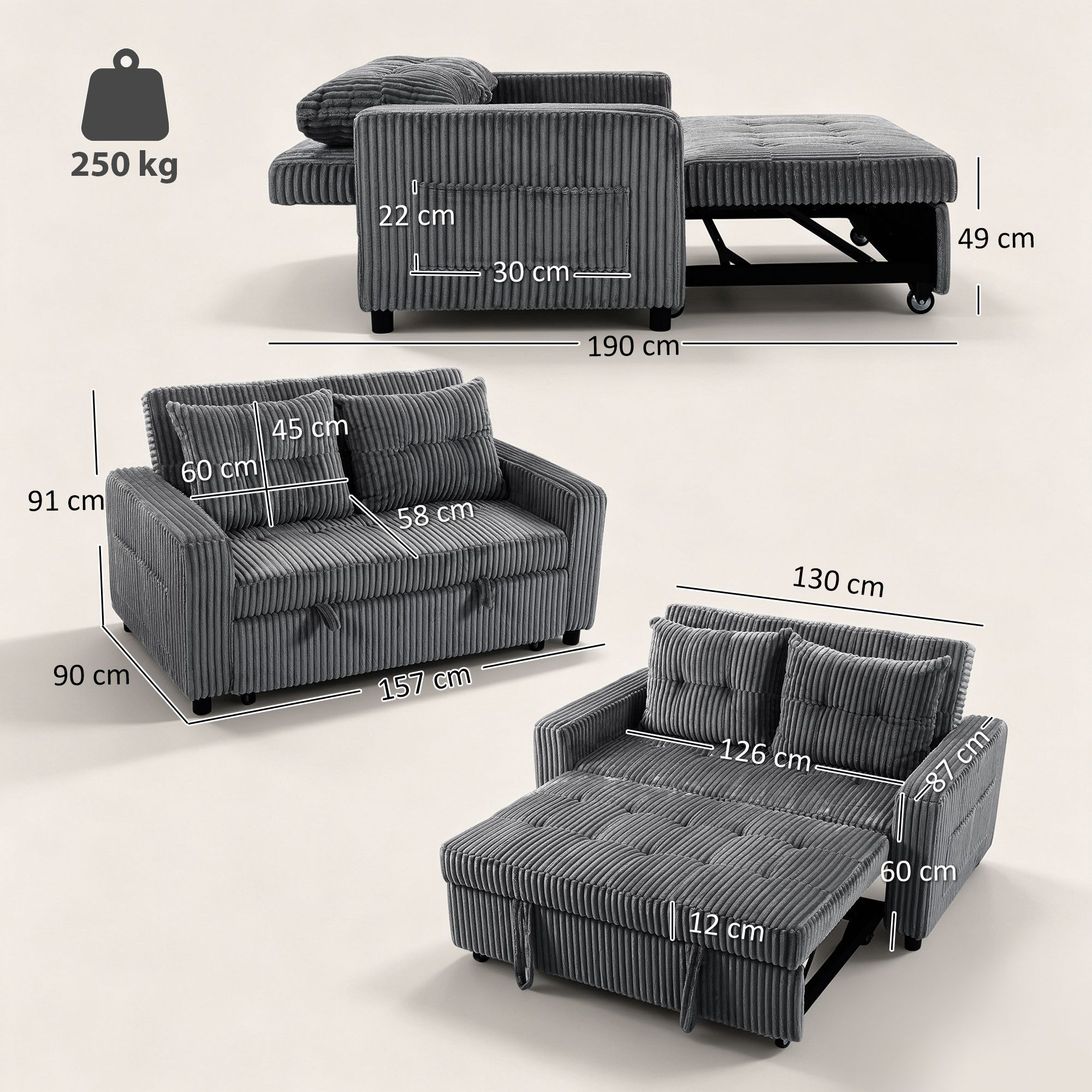 HOMCOM Schlafsofa 2-Sitzer Sofa 157 x 190 cm Schlafcouch mit Schlaffunktion, Set 1 Teile, 3-in-1-Design, ausziehbar, 3-fach verstellbare Rückenlehne – Bild 3 von 5
