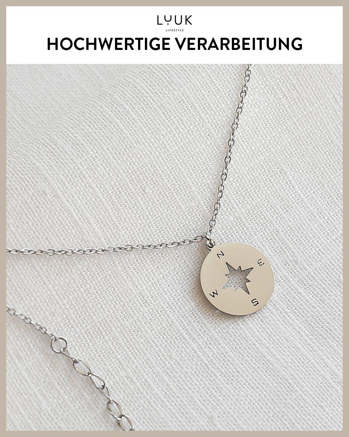 verstellbare Silber Freundin Kette, LUUK Geschenk Anhänger LIFESTYLE Kompass, mit für Kette