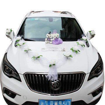 Kunstblume Romantische weiße Luxus-Rose Hochzeit Dekoration Auto Set, DOPWii, Motorhaube & Fenster Band Dekoration, Organza Auto-Schmuck, Girlande